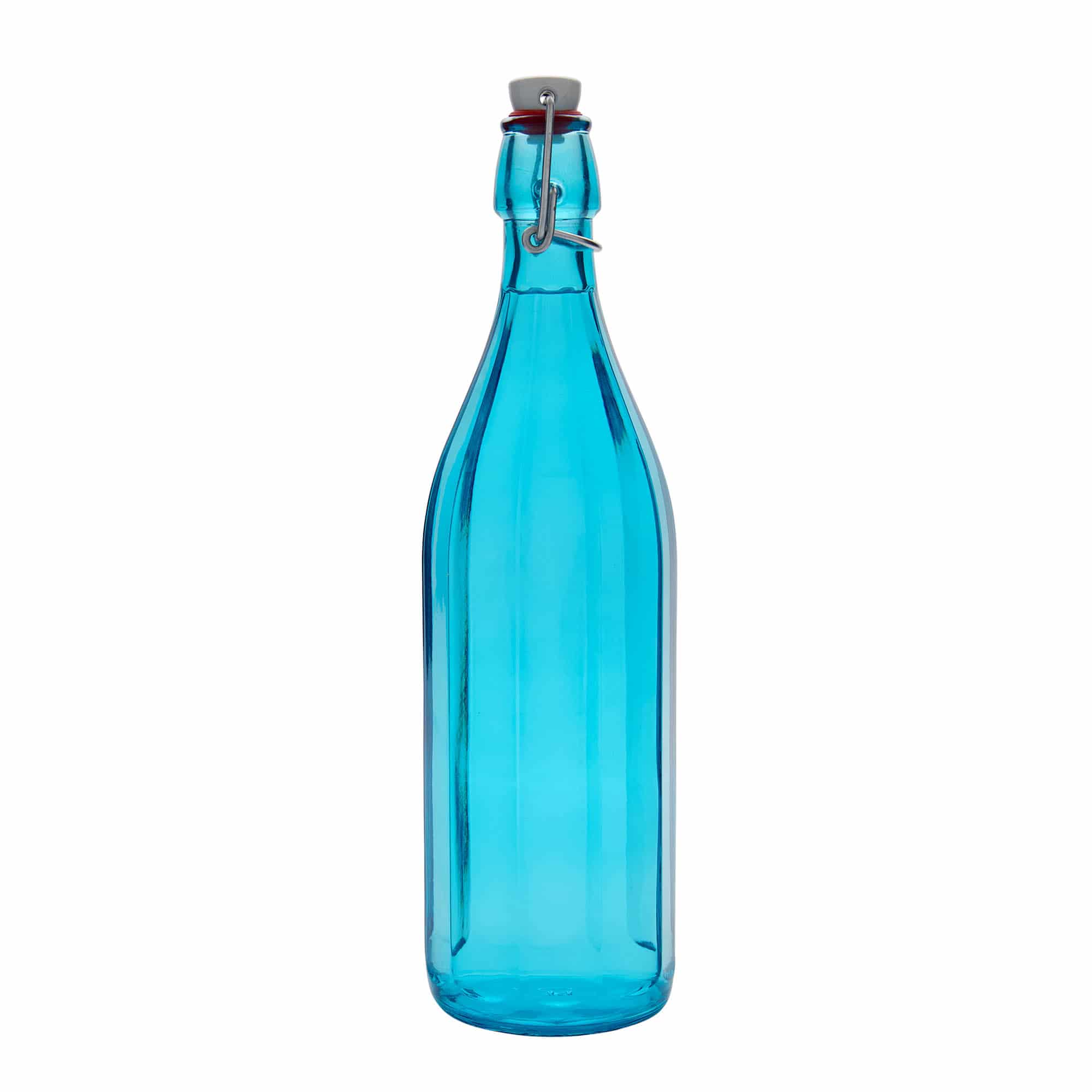 Glazen fles 'Oxford', 1000 ml, tienhoekig, azuurblauw, monding: beugelsluiting Glazen fles 'Oxford', 1000 ml, tienhoekig, azuurblauw, monding: beugelsluiting