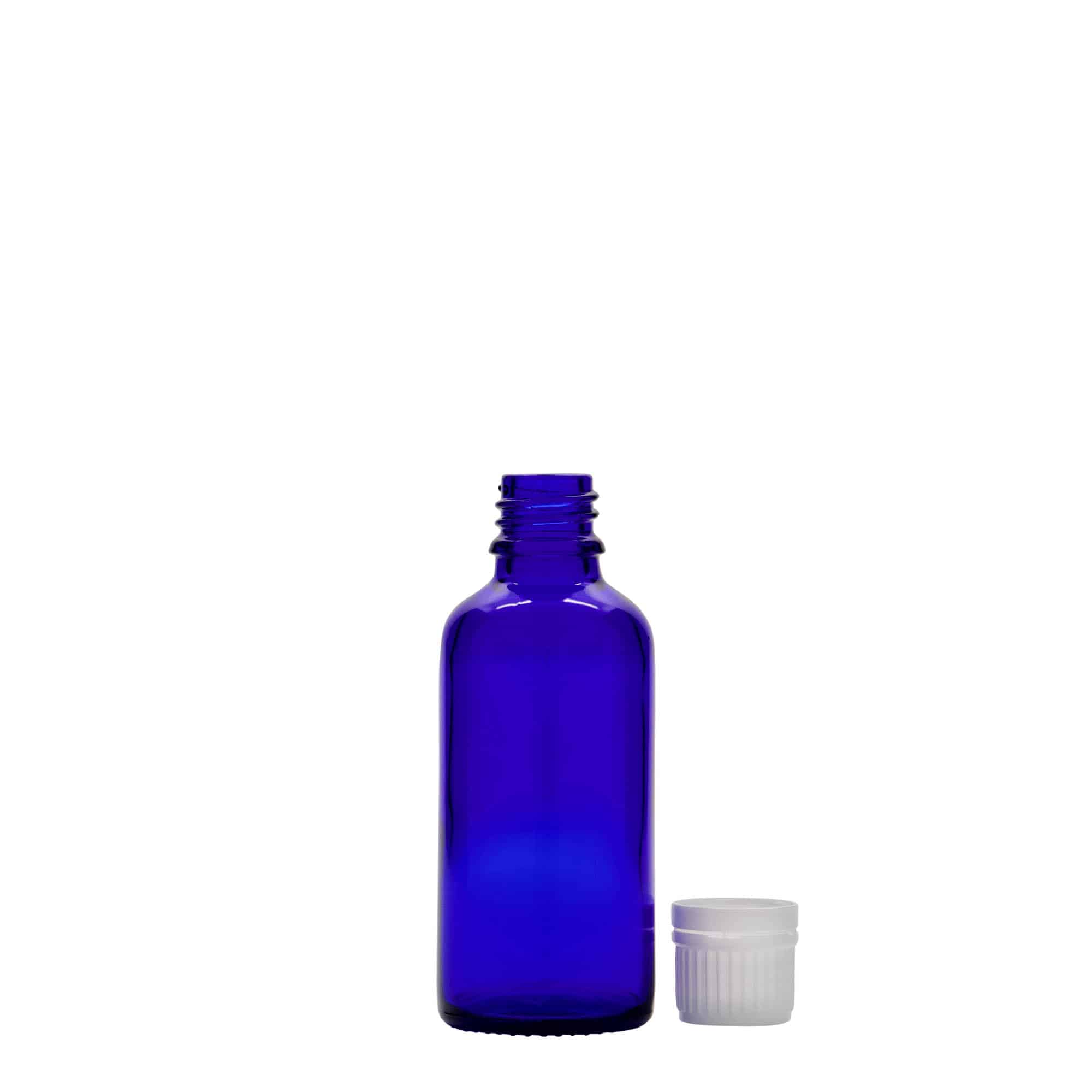 Flacon pharmaceutique 50 ml , verre, bleu roi, bouchage: DIN 18