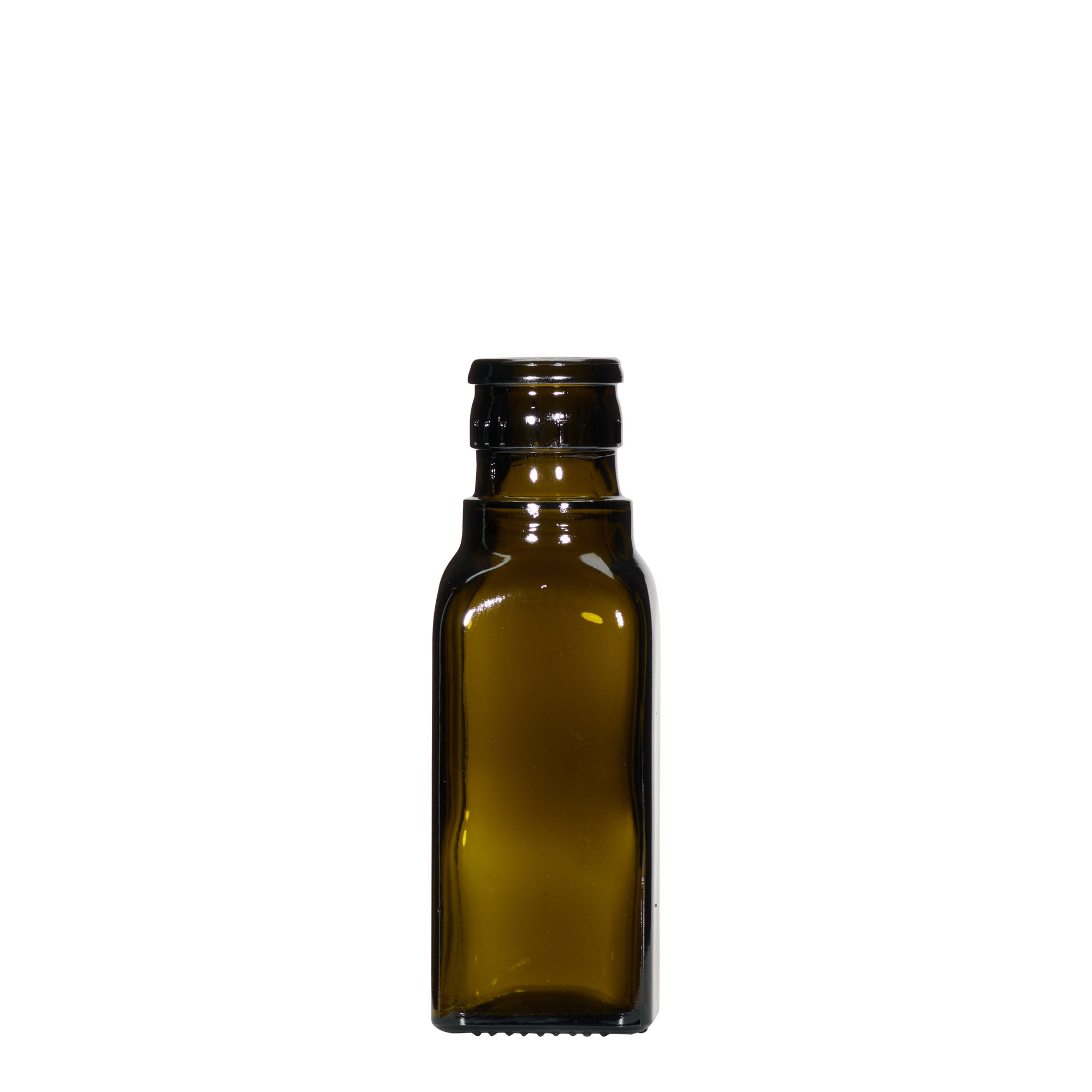 Bouteille de vinaigre / d’huile 100 ml 'Quadra', verre, carrée, vert antique, bouchage: DOP