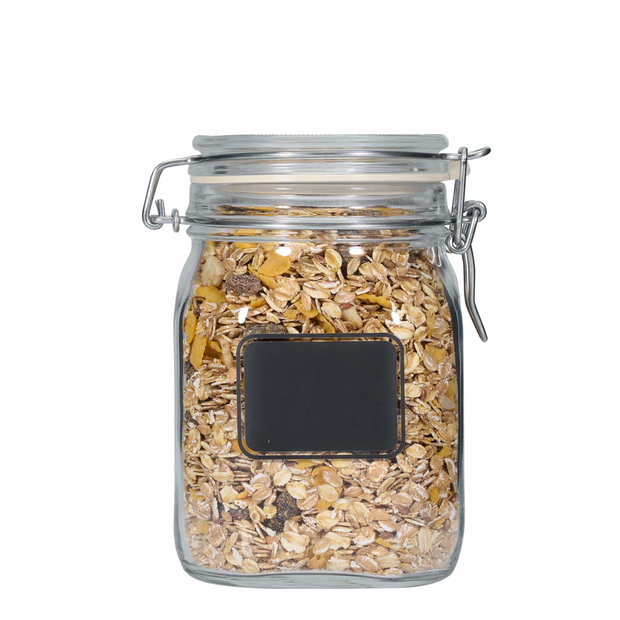 Pot met beugelsluiting 'Fido', 1000 ml, motief: etiketveld, vierkant, monding: beugelsluiting