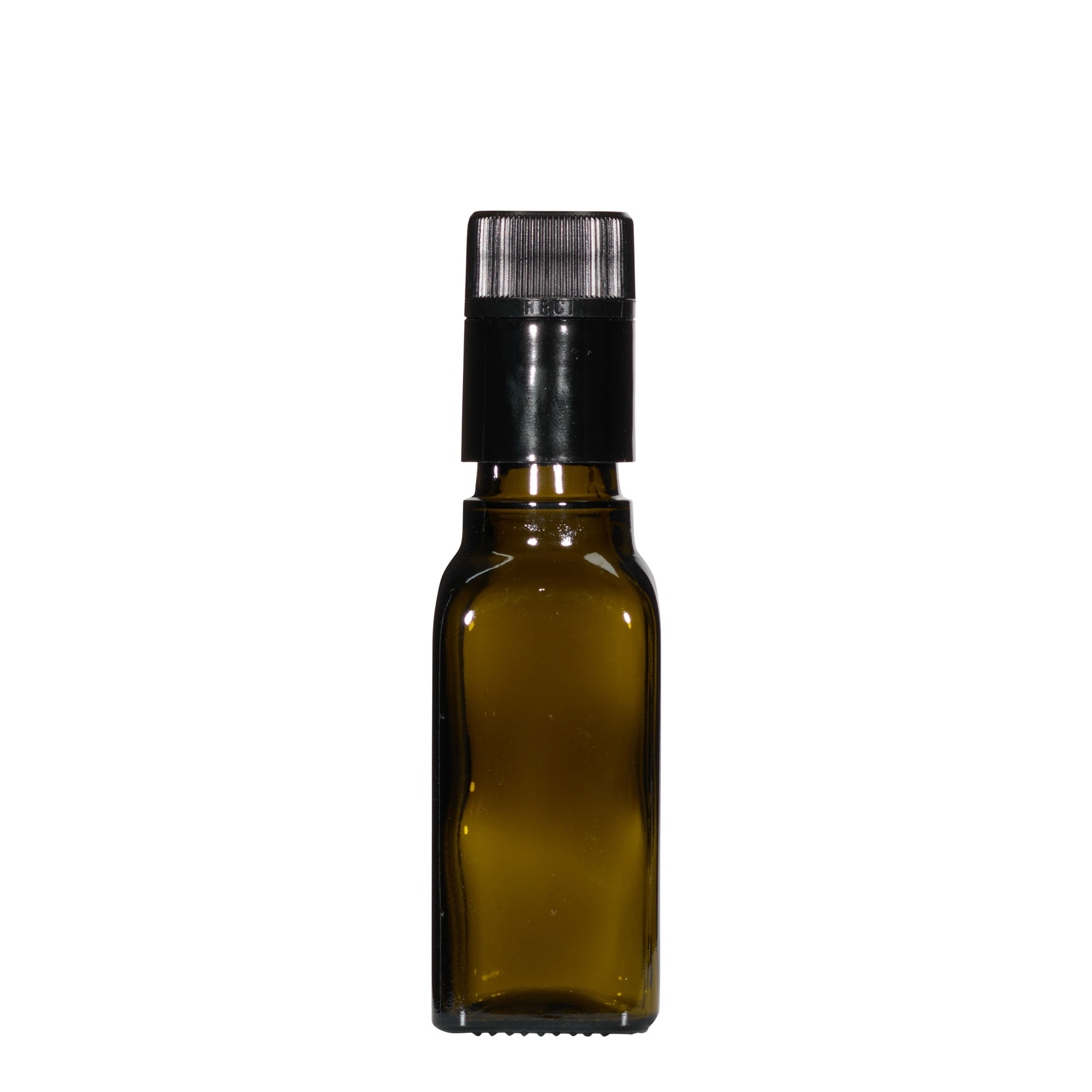 Bouteille de vinaigre / d’huile 100 ml 'Quadra', verre, carrée, vert antique, bouchage: DOP Bouteille de vinaigre / d’huile 100 ml 'Quadra', verre, carrée, vert antique, bouchage: DOP