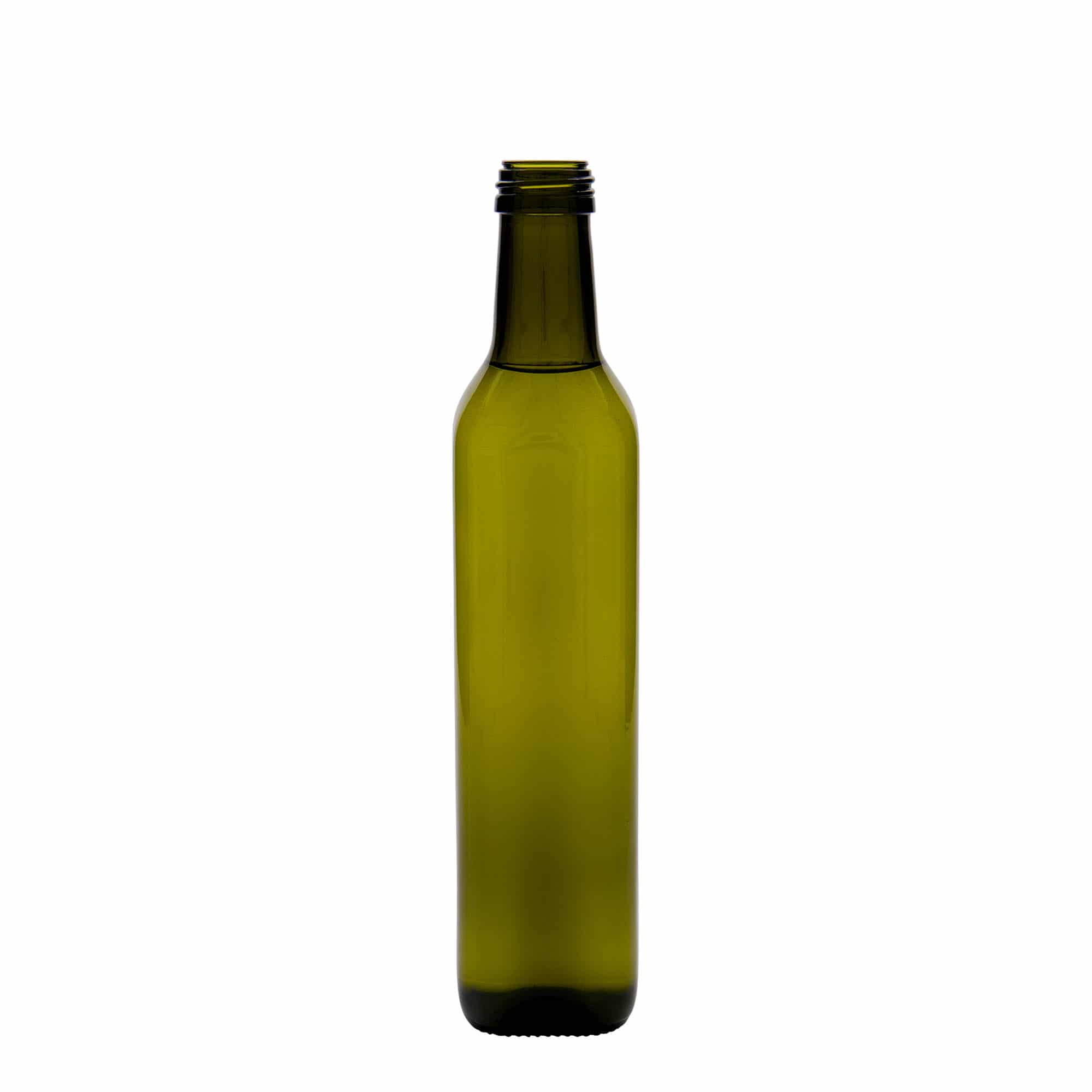 Glazen fles 'Marasca', 500 ml, vierkant, antiekgroen, monding: PP 31,5