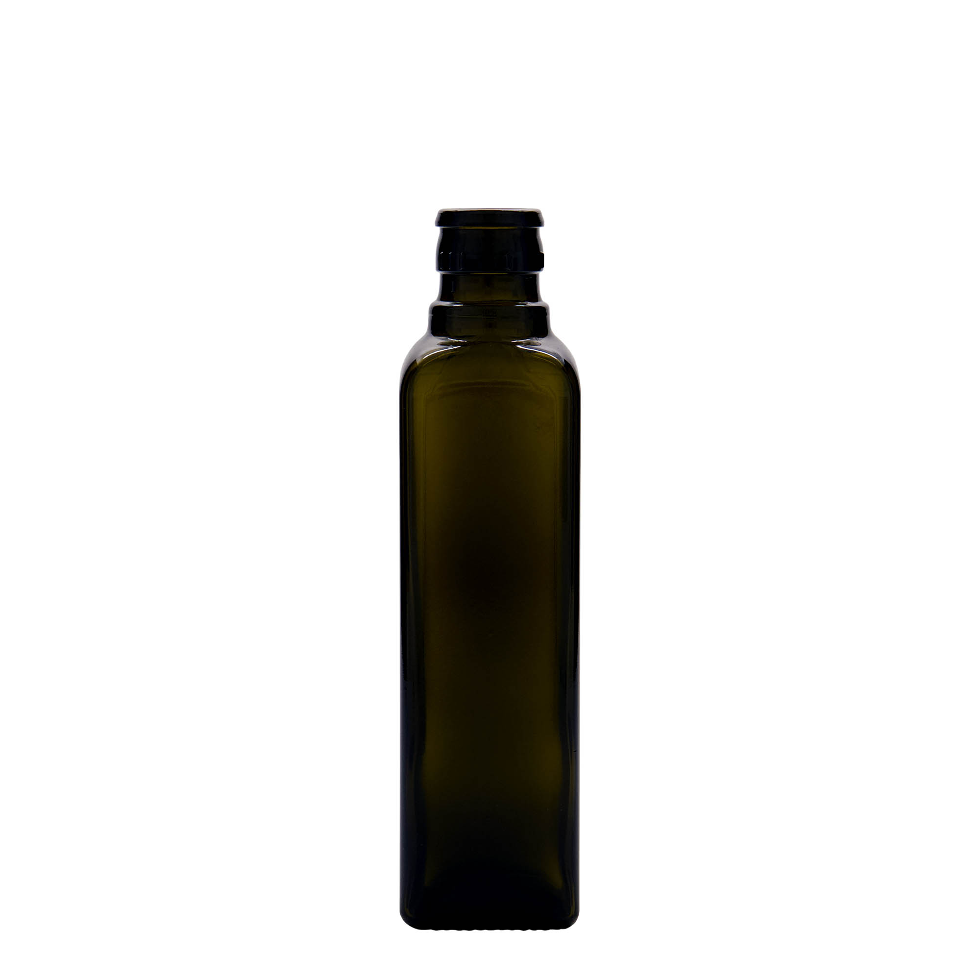 Bouteille de vinaigre / d’huile 250 ml « Quadra », verre, carrée, vert antique, bouchage: DOP