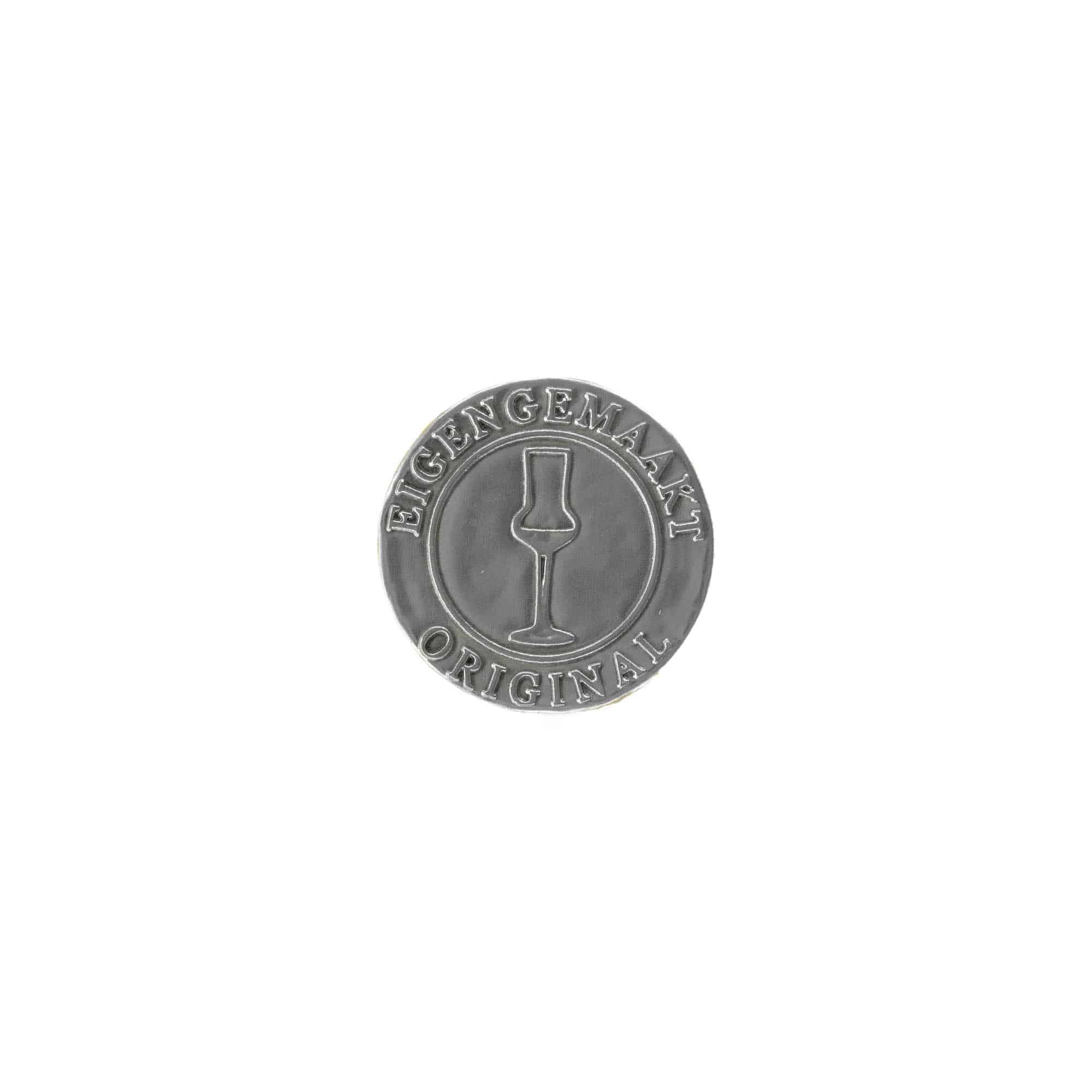 Tinnen etiket 'Eigengemaakt', rond, metaal, zilver