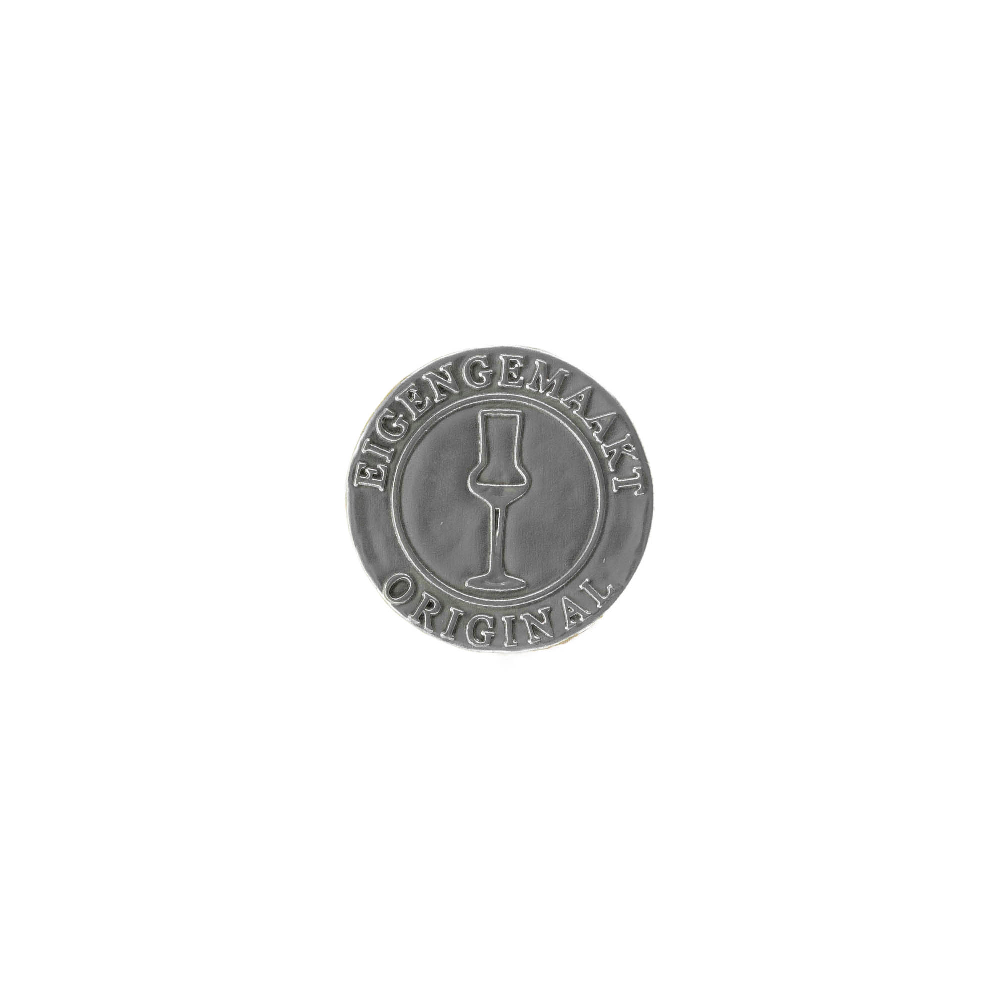 Tinnen etiket 'Eigengemaakt', rond, metaal, zilver Tinnen etiket 'Eigengemaakt', rond, metaal, zilver