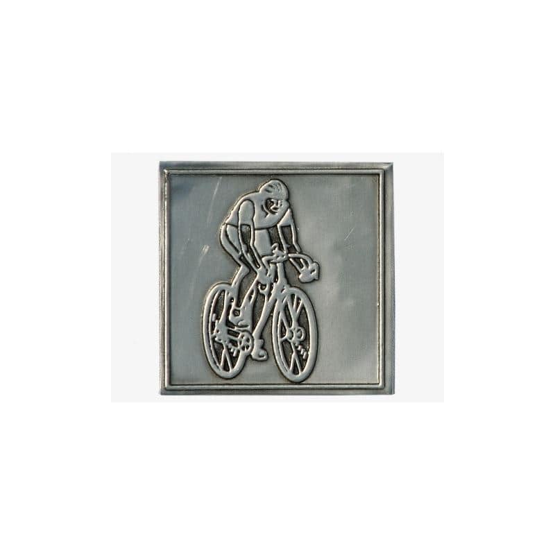 Étiquette en étain 'Cycliste', carrée, métallique, argentée Étiquette en étain 'Cycliste', carrée, métallique, argentée