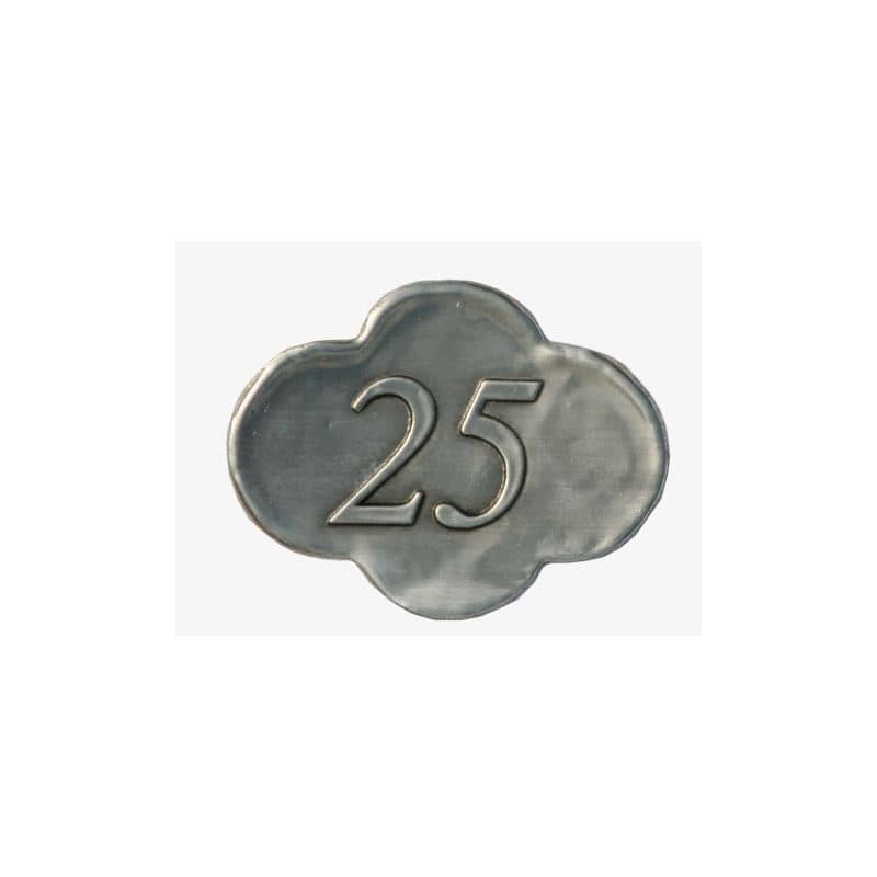 Tinnen etiket '25', metaal, zilver Tinnen etiket '25', metaal, zilver