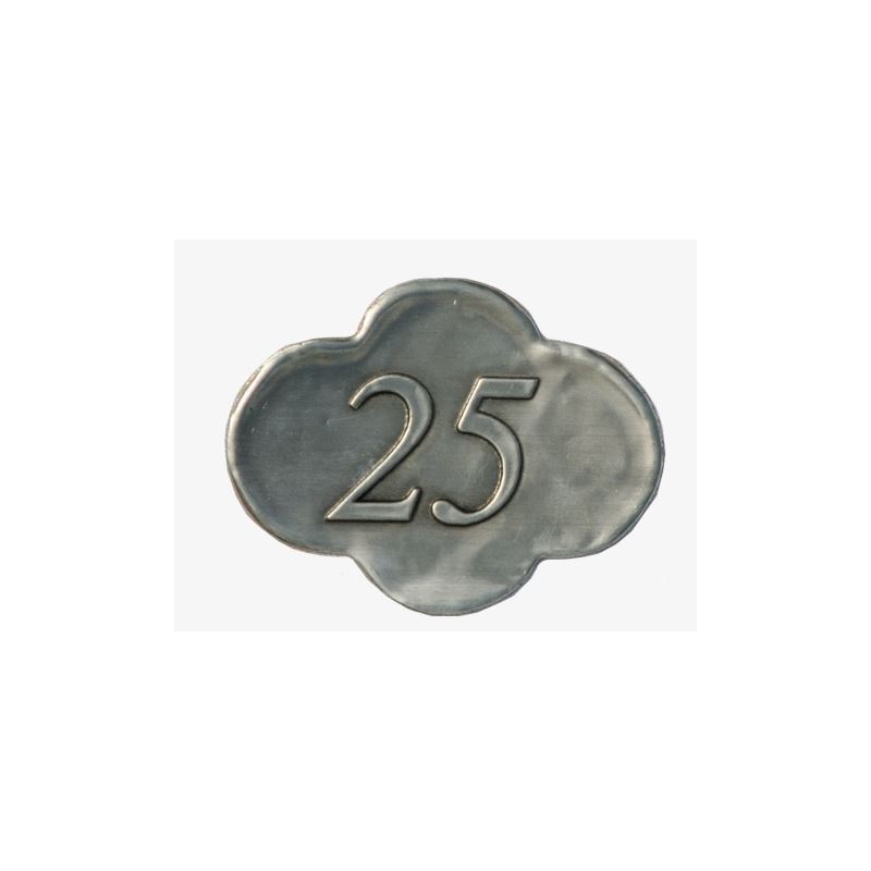 Tinnen etiket '25', metaal, zilver Tinnen etiket '25', metaal, zilver