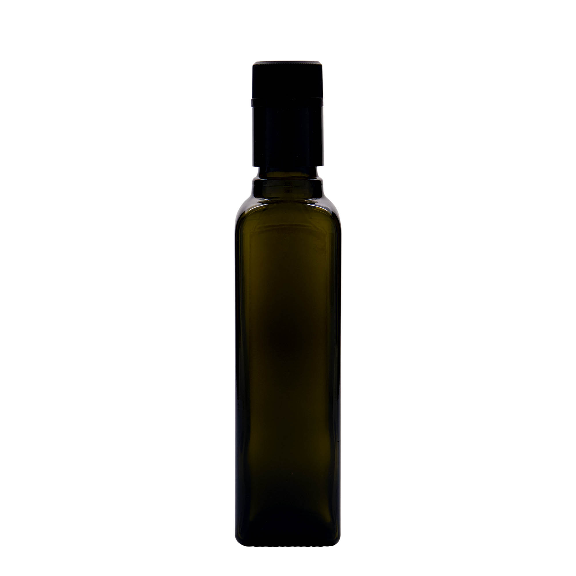 Bouteille de vinaigre / d’huile 250 ml « Quadra », verre, carrée, vert antique, bouchage: DOP
