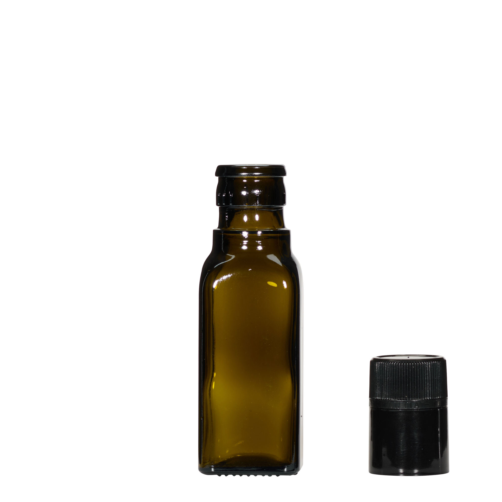 Bouteille de vinaigre / d’huile 100 ml 'Quadra', verre, carrée, vert antique, bouchage: DOP Bouteille de vinaigre / d’huile 100 ml 'Quadra', verre, carrée, vert antique, bouchage: DOP