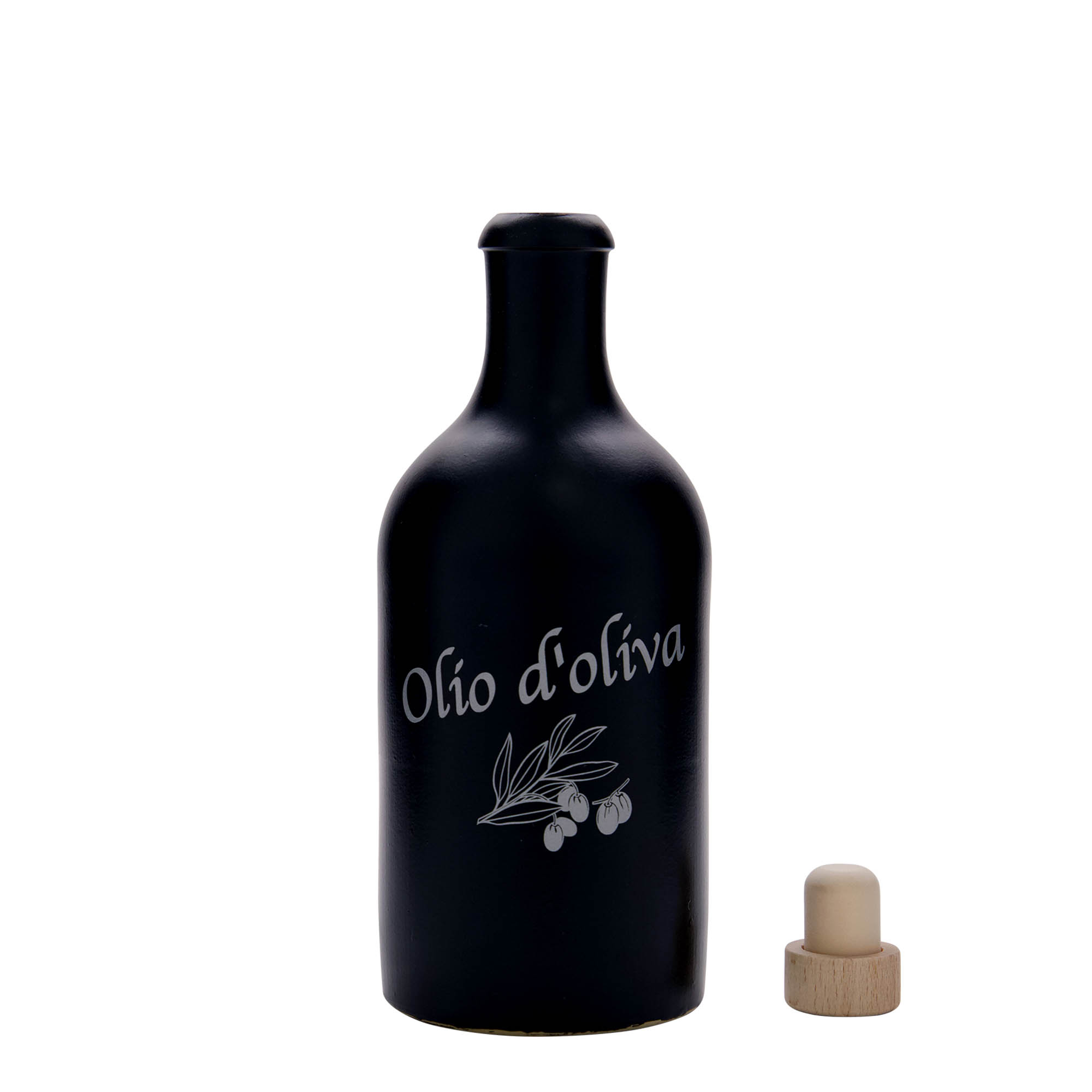 Chope en terre cuite 500 ml, motif : huile d’olive, grès, noir, bouchage: bouchon Chope en terre cuite 500 ml, motif : huile d’olive, grès, noir, bouchage: bouchon