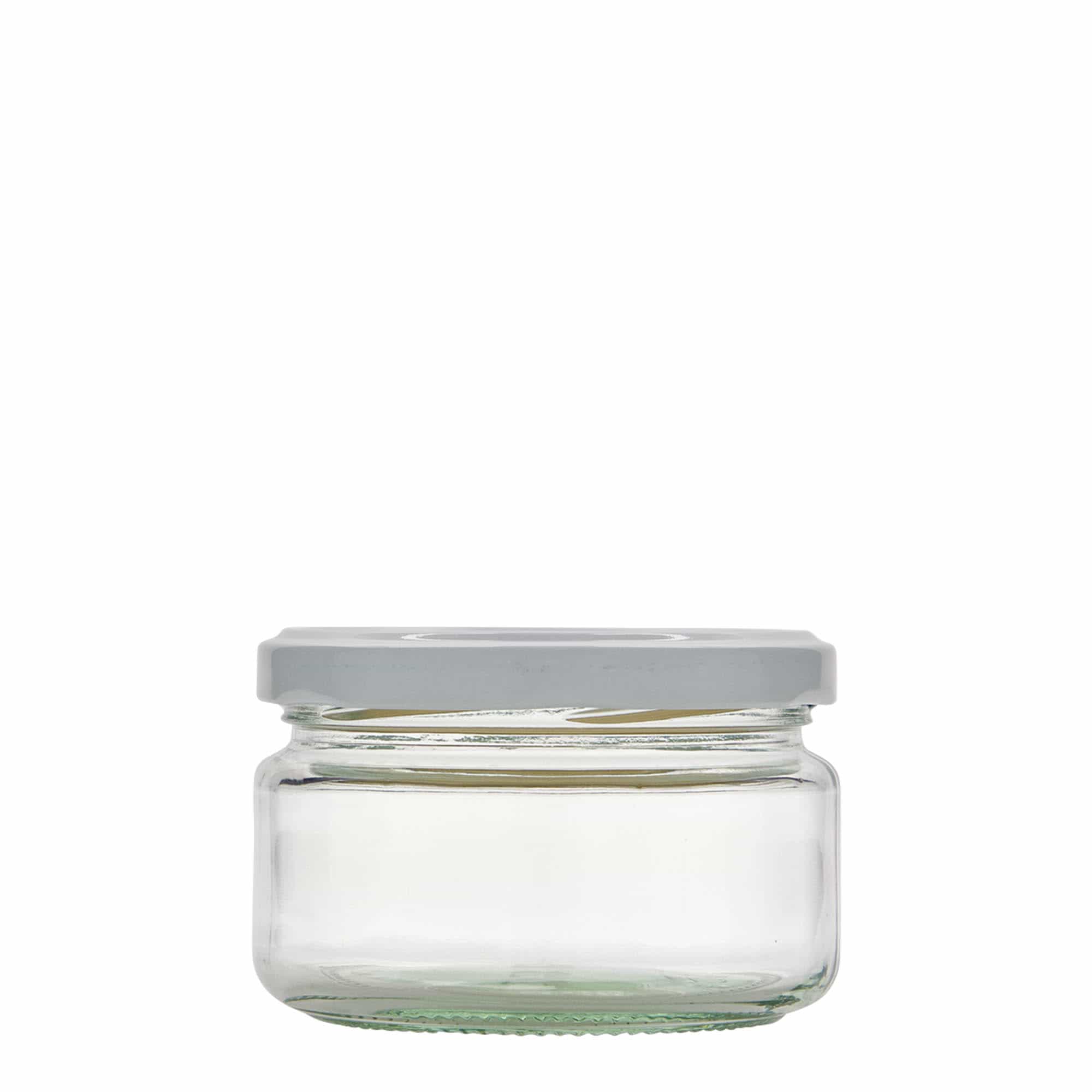 Vlakke ronde pot, 230 ml, monding: twist-off (TO 82) Vlakke ronde pot, 230 ml, monding: twist-off (TO 82)