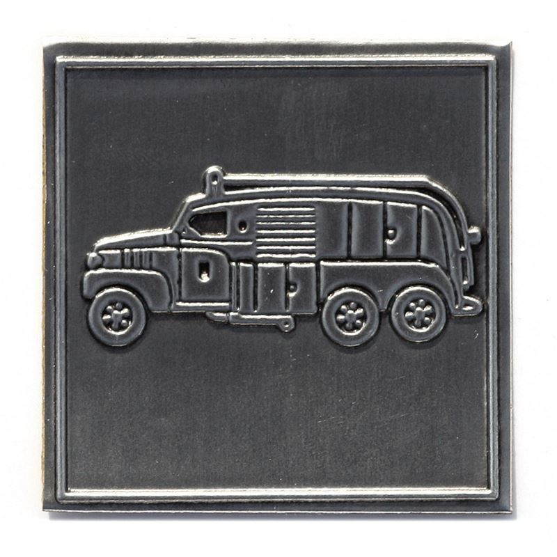 Étiquette en étain 'Camion de pompiers', carrée, métallique, argentée