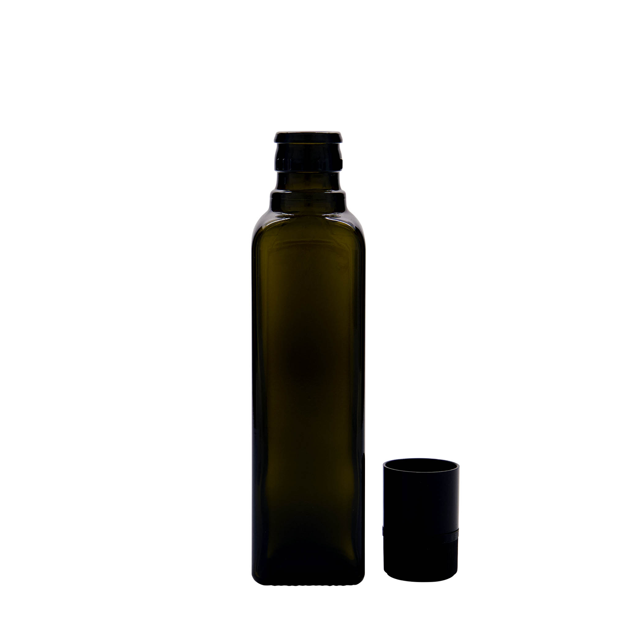 Bouteille de vinaigre / d’huile 250 ml « Quadra », verre, carrée, vert antique, bouchage: DOP