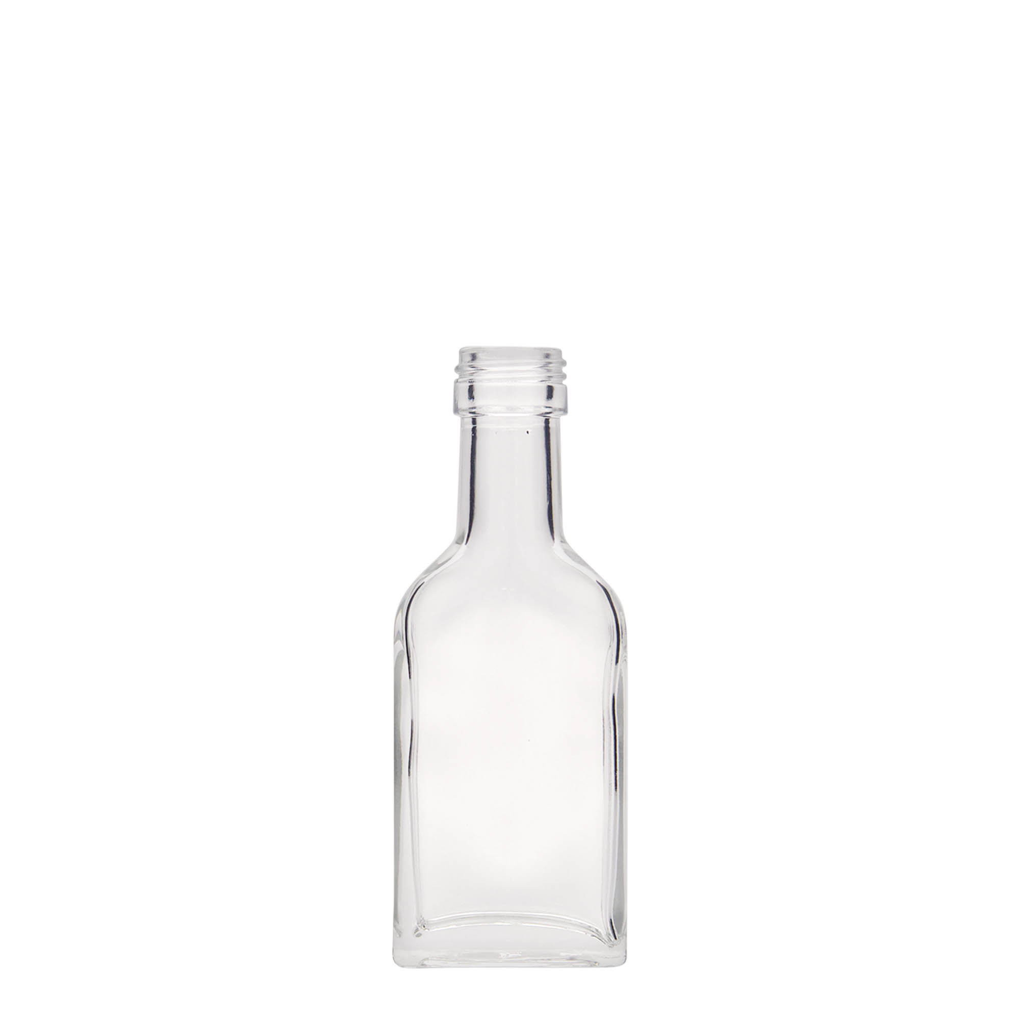 Flasque 40 ml à long cou, rectangulaire, verre, bouchage: PP 22 Flasque 40 ml à long cou, rectangulaire, verre, bouchage: PP 22