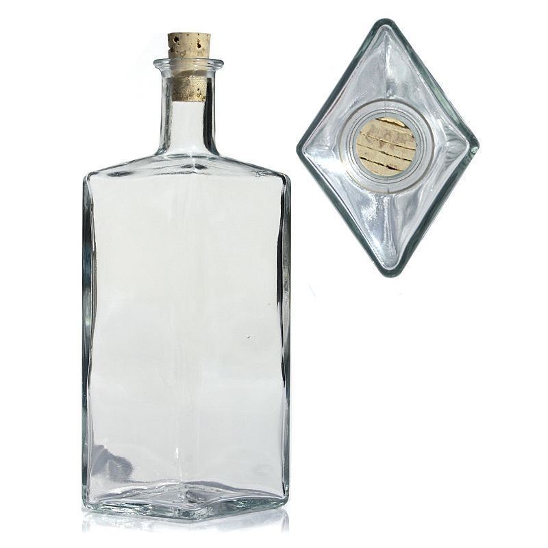Glazen fles 'Riva', 500 ml, ruitvormig, monding: kurk Glazen fles 'Riva', 500 ml, ruitvormig, monding: kurk
