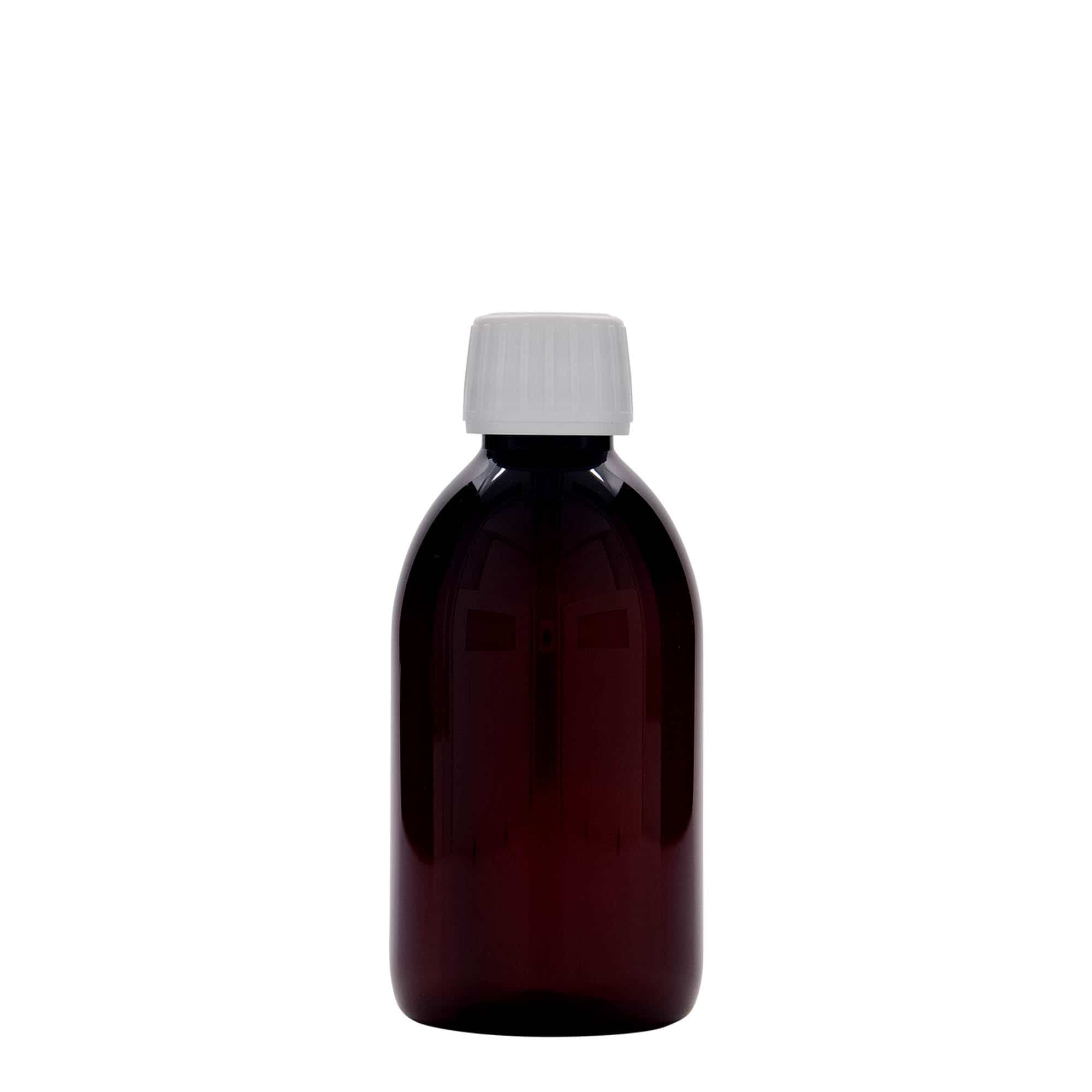 Flacon pharmaceutique en PET 250 ml, marron, plastique, bouchage: PP 28
