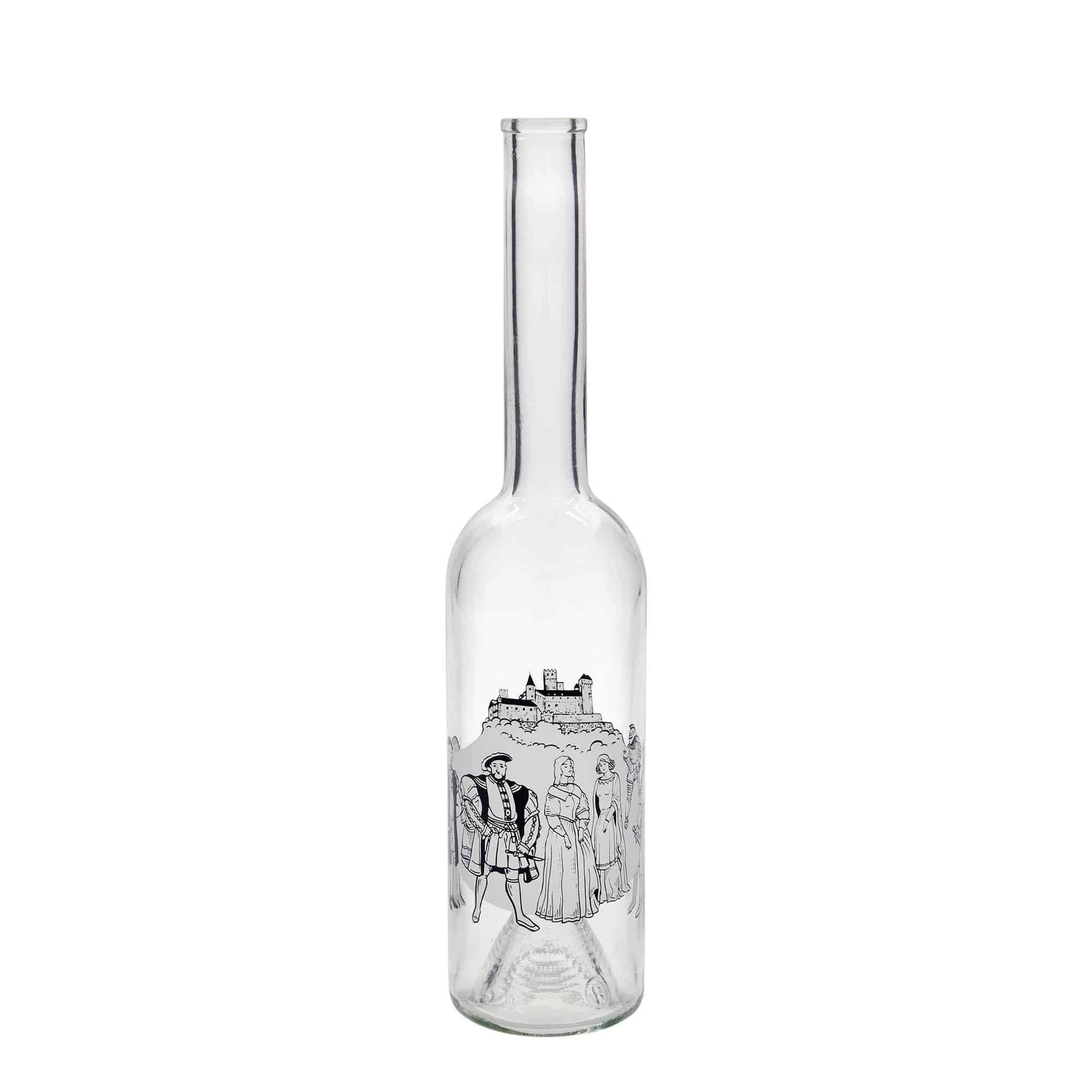Glazen fles 'Opera', 500 ml, motief: Middeleeuwen, monding: kurk Glazen fles 'Opera', 500 ml, motief: Middeleeuwen, monding: kurk