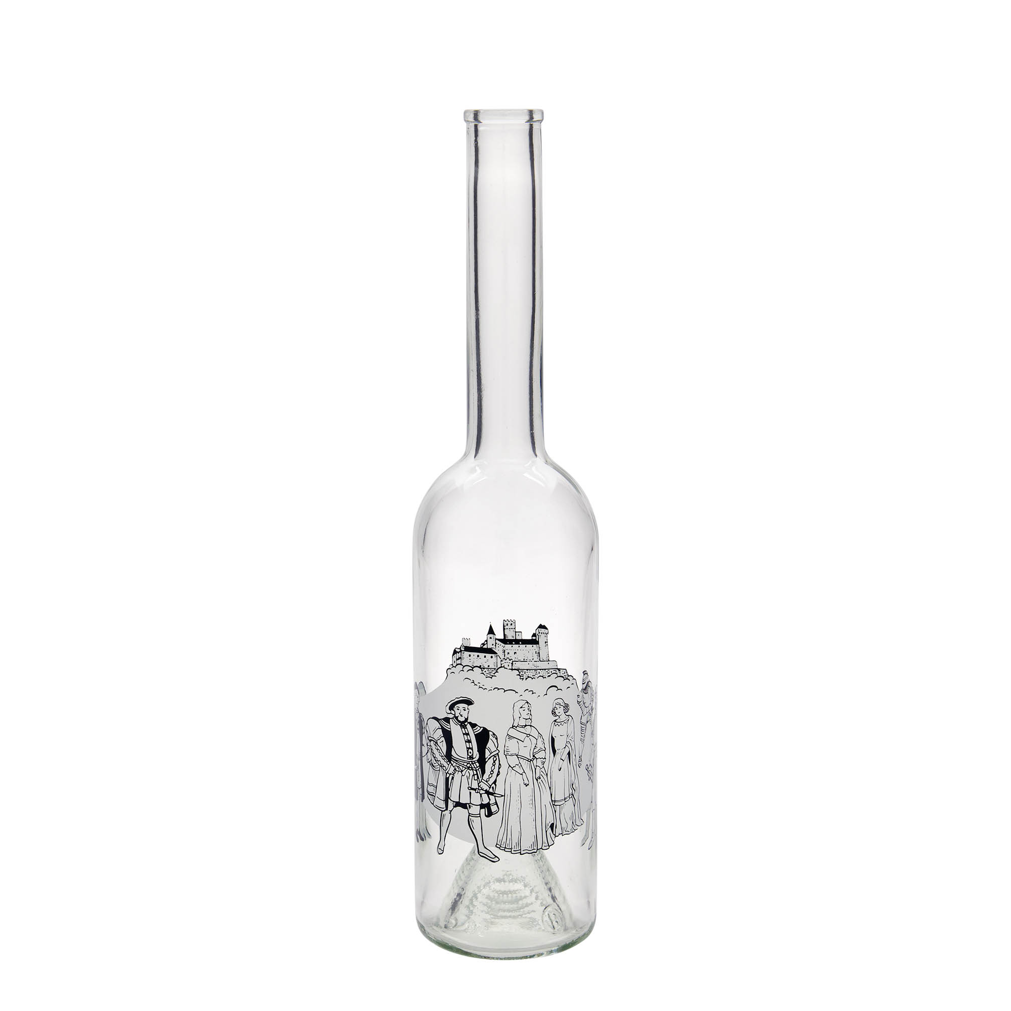 Glazen fles 'Opera', 500 ml, motief: Middeleeuwen, monding: kurk Glazen fles 'Opera', 500 ml, motief: Middeleeuwen, monding: kurk