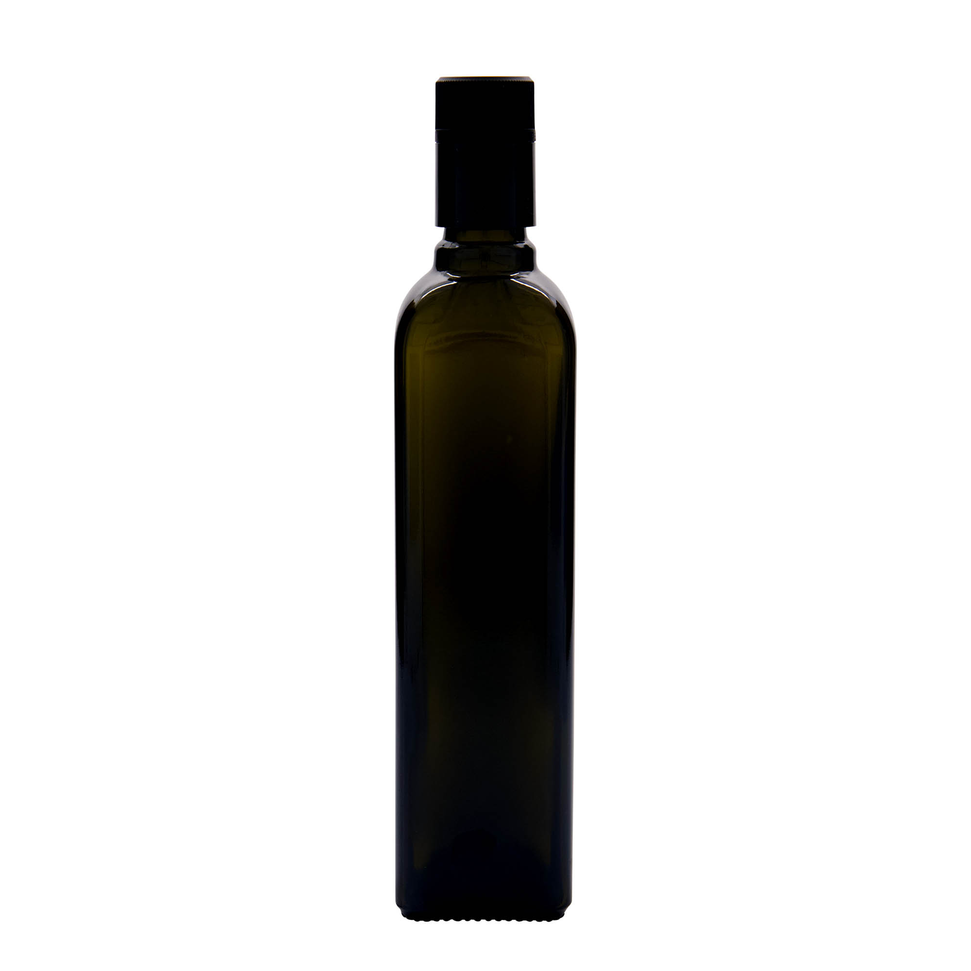Bouteille de vinaigre / d’huile 500 ml 'Quadra', verre, carrée, vert antique, bouchage: DOP
