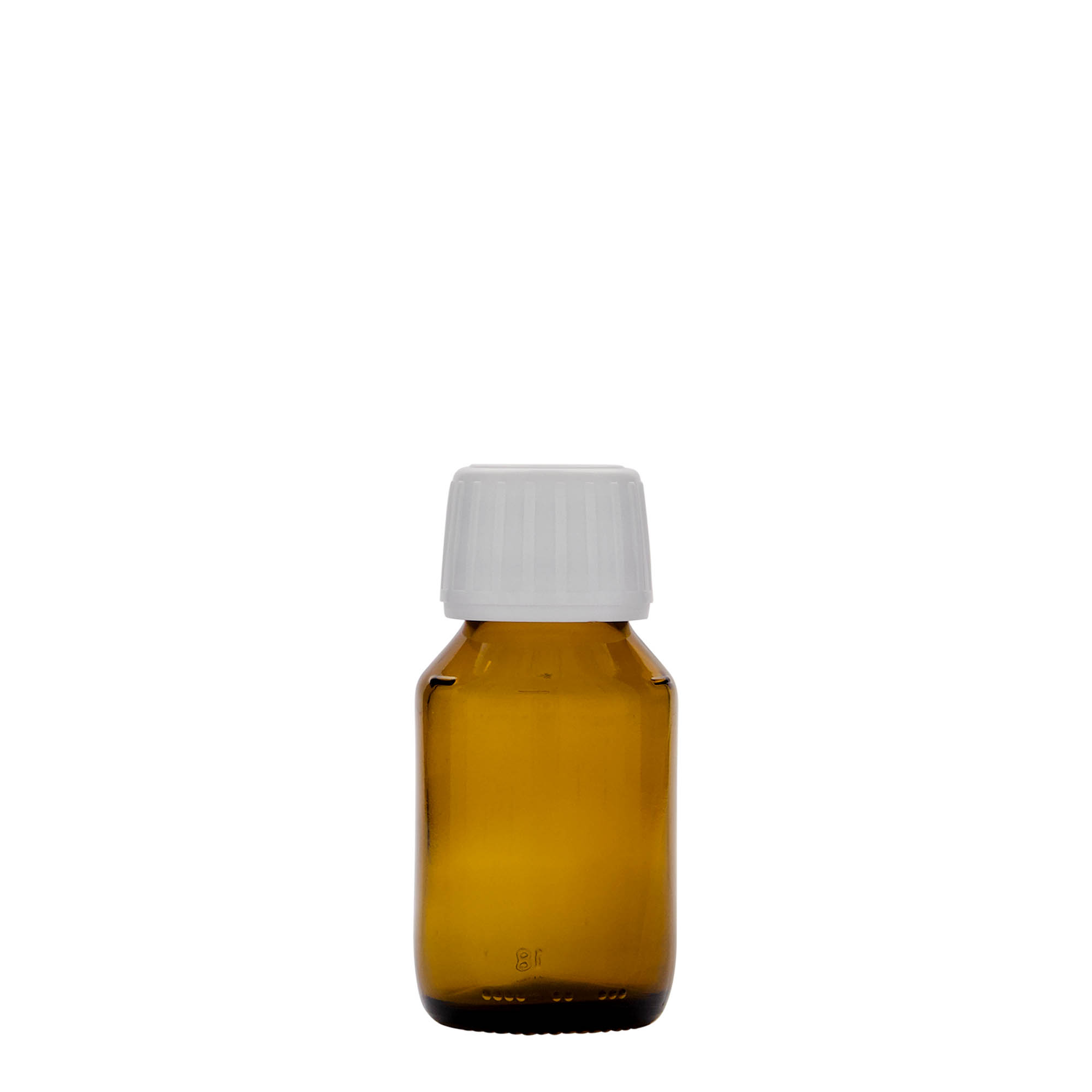 Flacon pharmaceutique 50 ml, brun, verre, bouchage: PP 28 Flacon pharmaceutique 50 ml, brun, verre, bouchage: PP 28