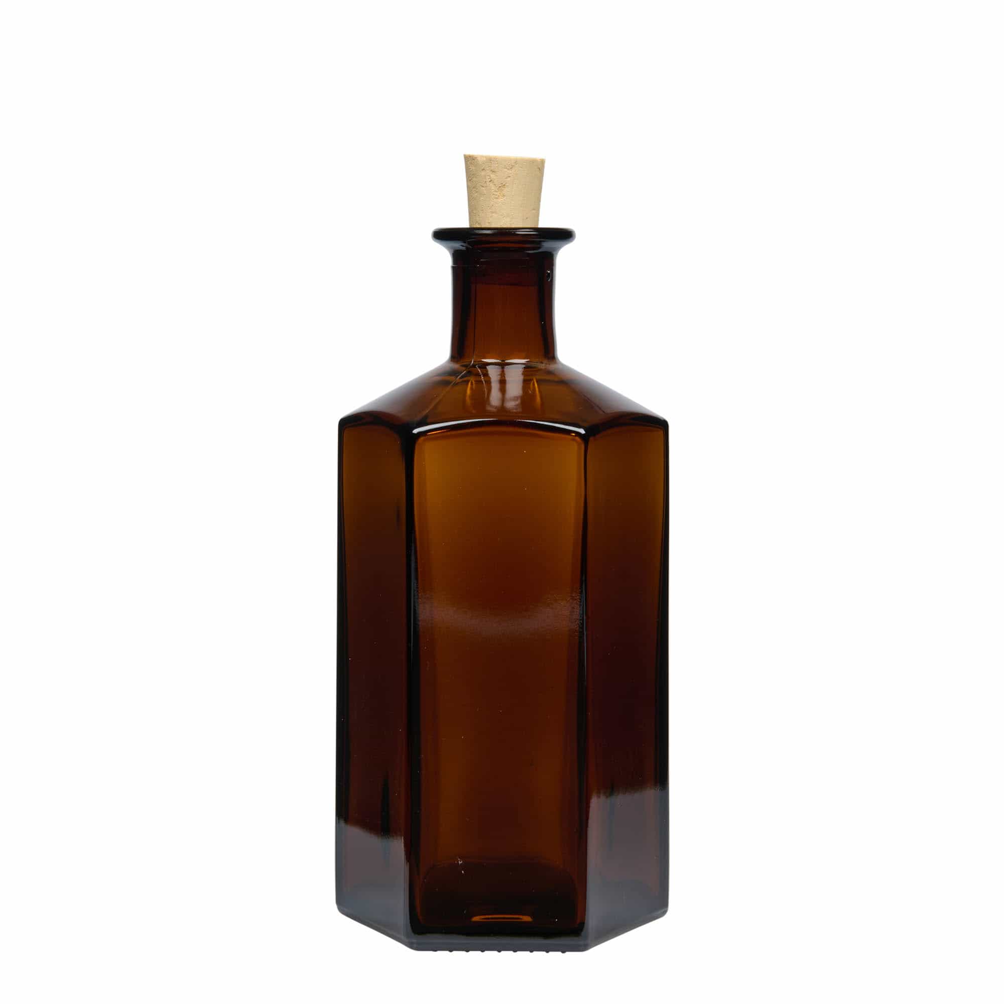Glazen fles Apotheker 'Jimmy'. 500 ml. zeshoekig. bruin. monding: kurk