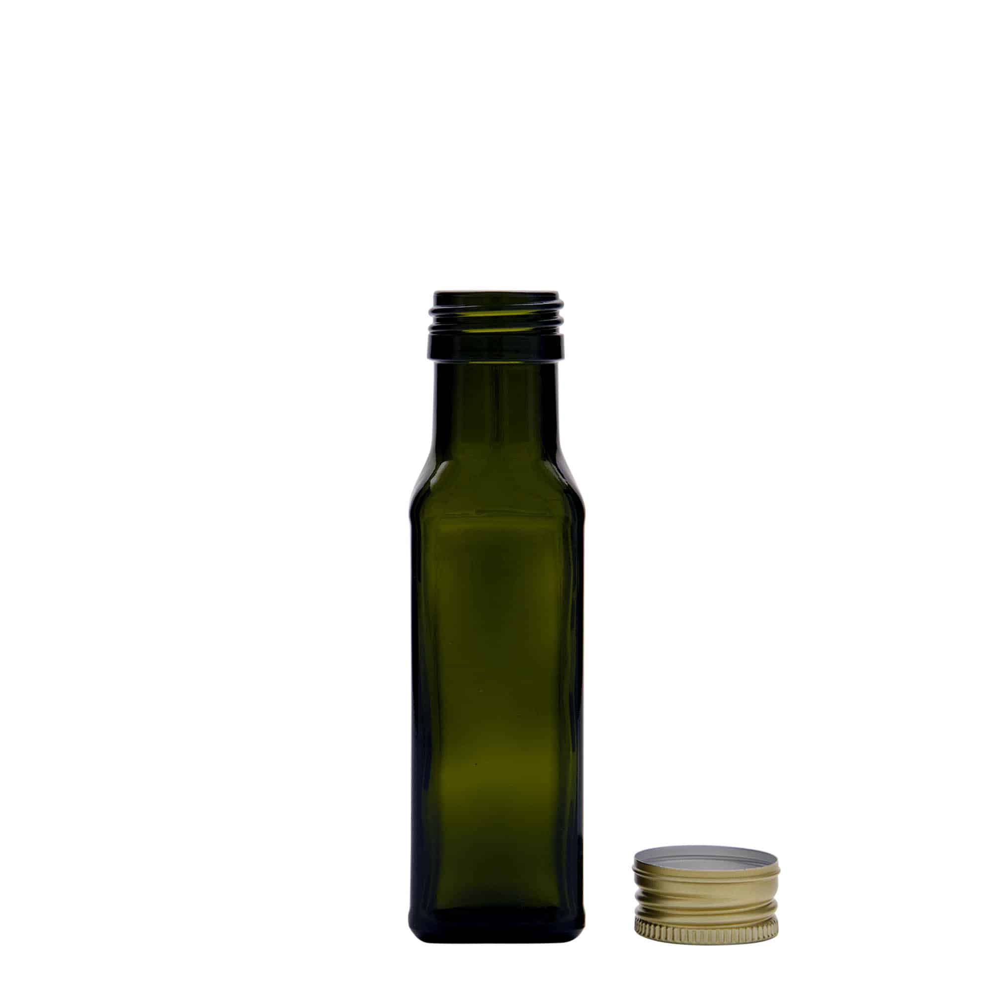 Glazen fles 'Marasca', 100 ml, vierkant, antiekgroen, monding: PP 31,5 Glazen fles 'Marasca', 100 ml, vierkant, antiekgroen, monding: PP 31,5