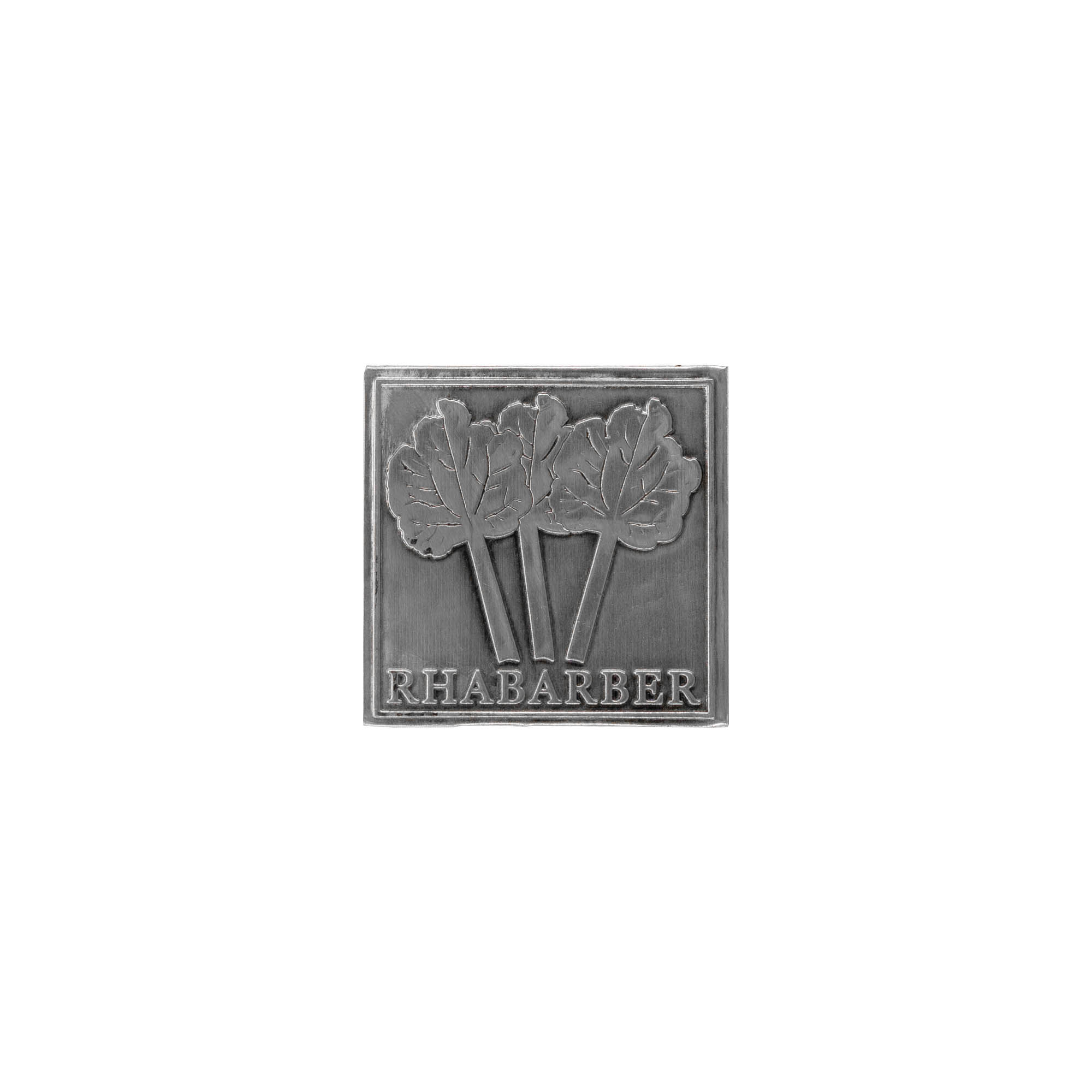 Tinnen etiket 'Rabarber', vierkant, metaal, zilver Tinnen etiket 'Rabarber', vierkant, metaal, zilver