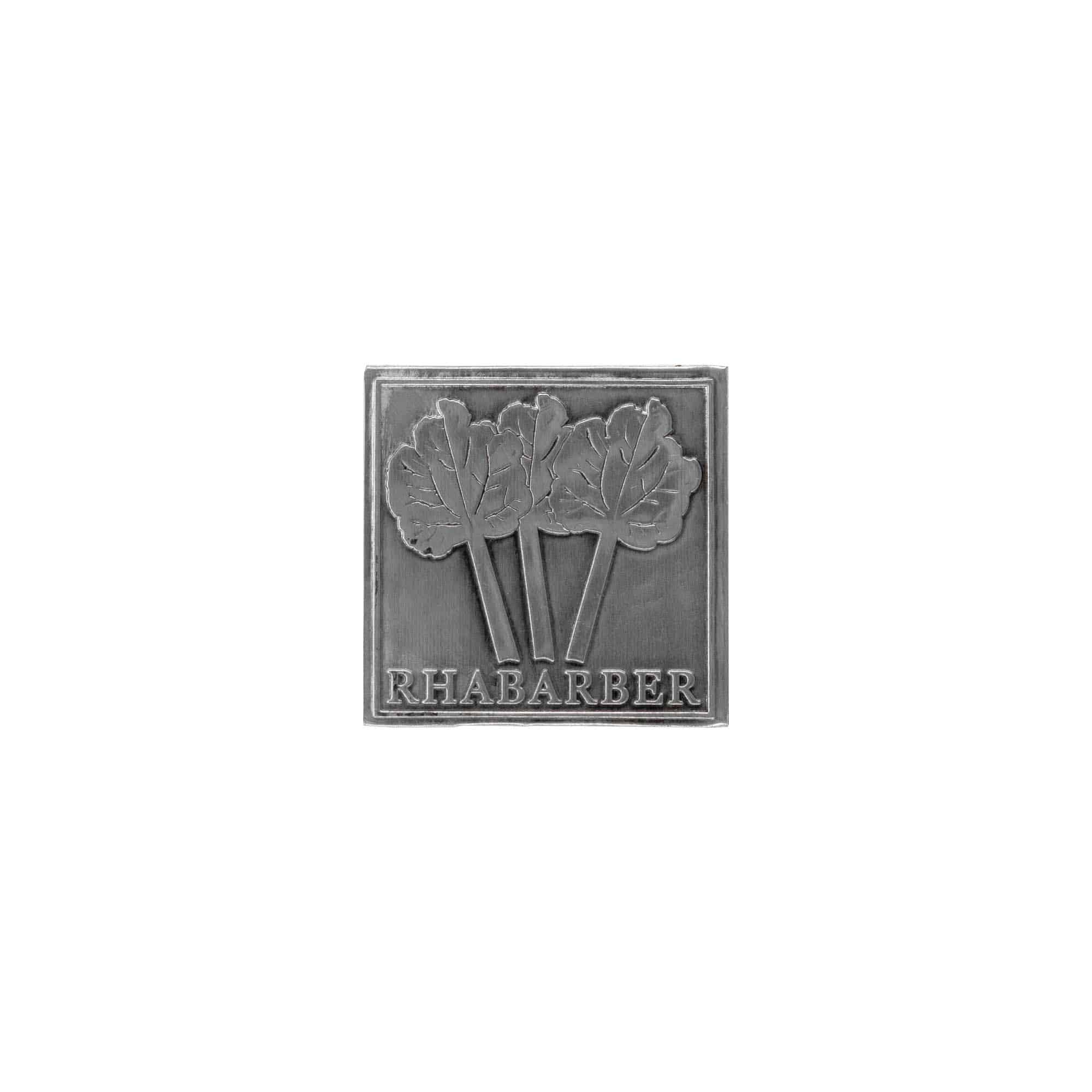 Tinnen etiket 'Rabarber', vierkant, metaal, zilver