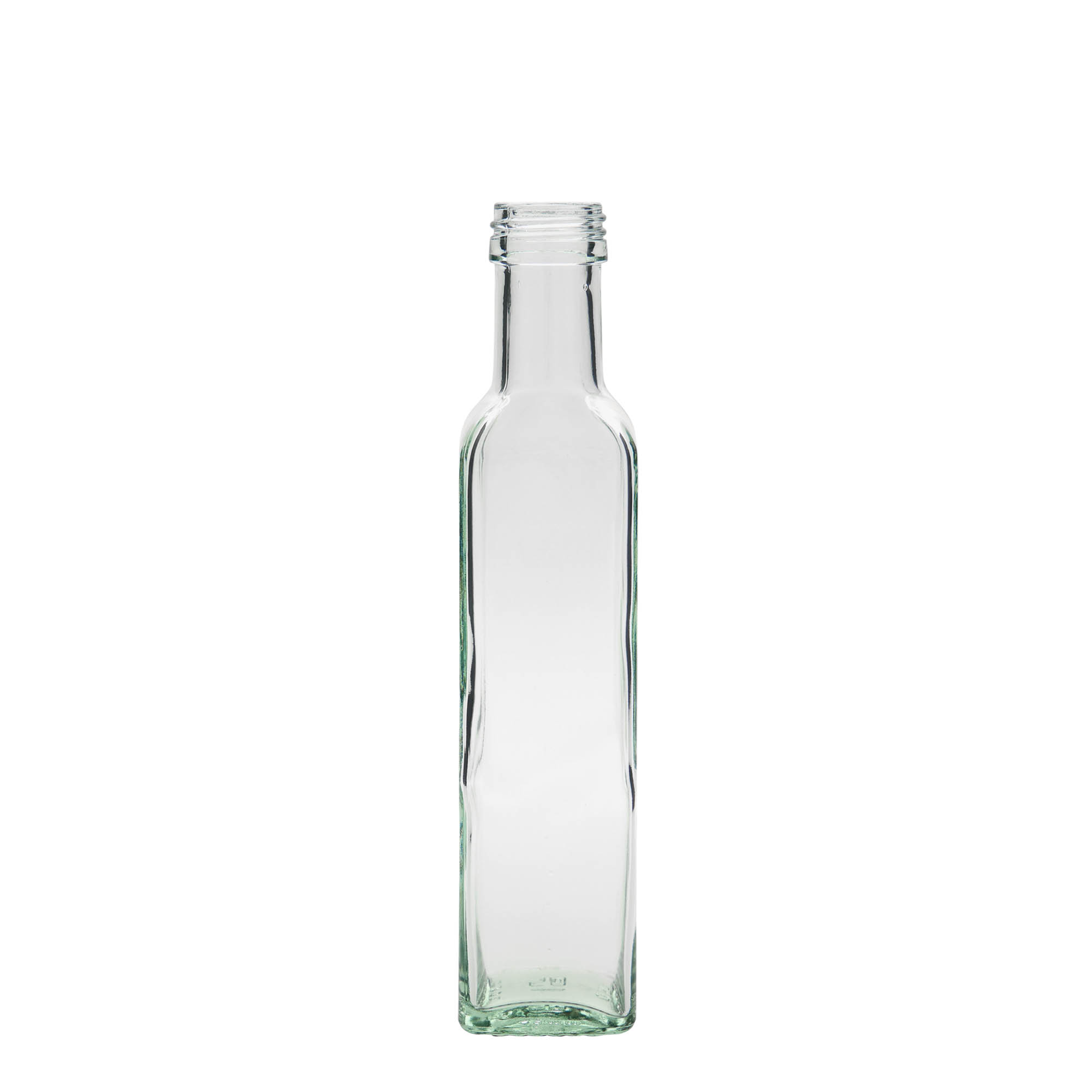 Glazen fles 'Marasca', 250 ml, vierkant, monding: PP 31,5 Glazen fles 'Marasca', 250 ml, vierkant, monding: PP 31,5