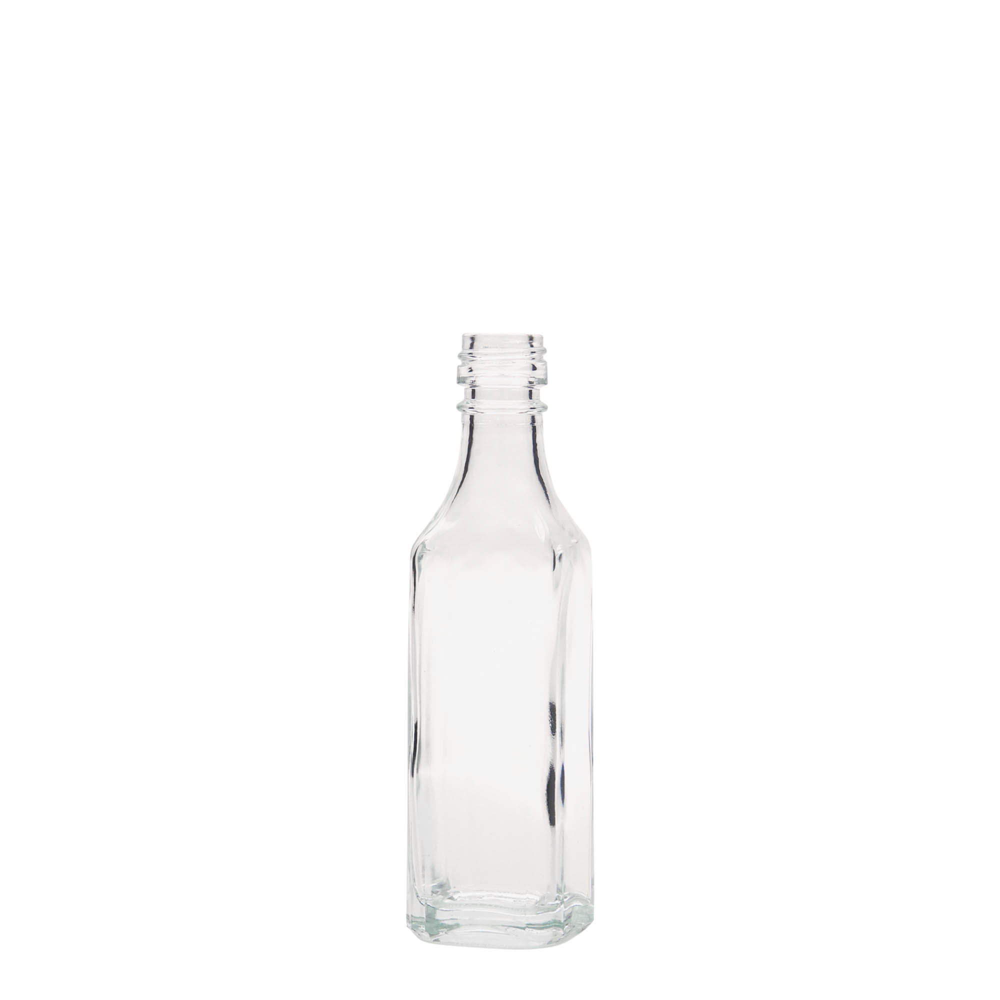Glazen fles 'Siena', 50 ml, vierkant, monding: PP 18
