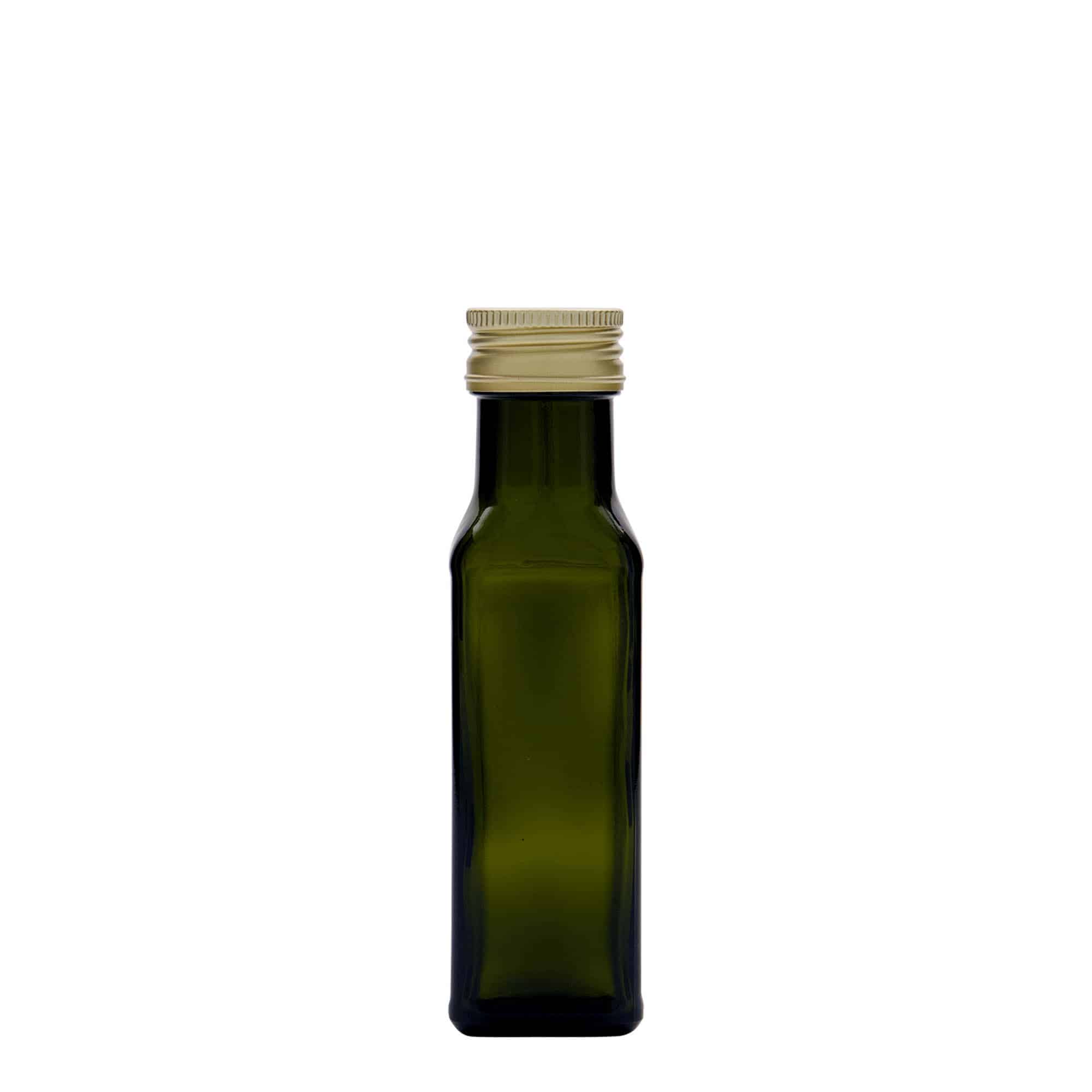 Bouteille en verre 100 ml 'Marasca', carrée, vert antique, bouchage: PP 31,5