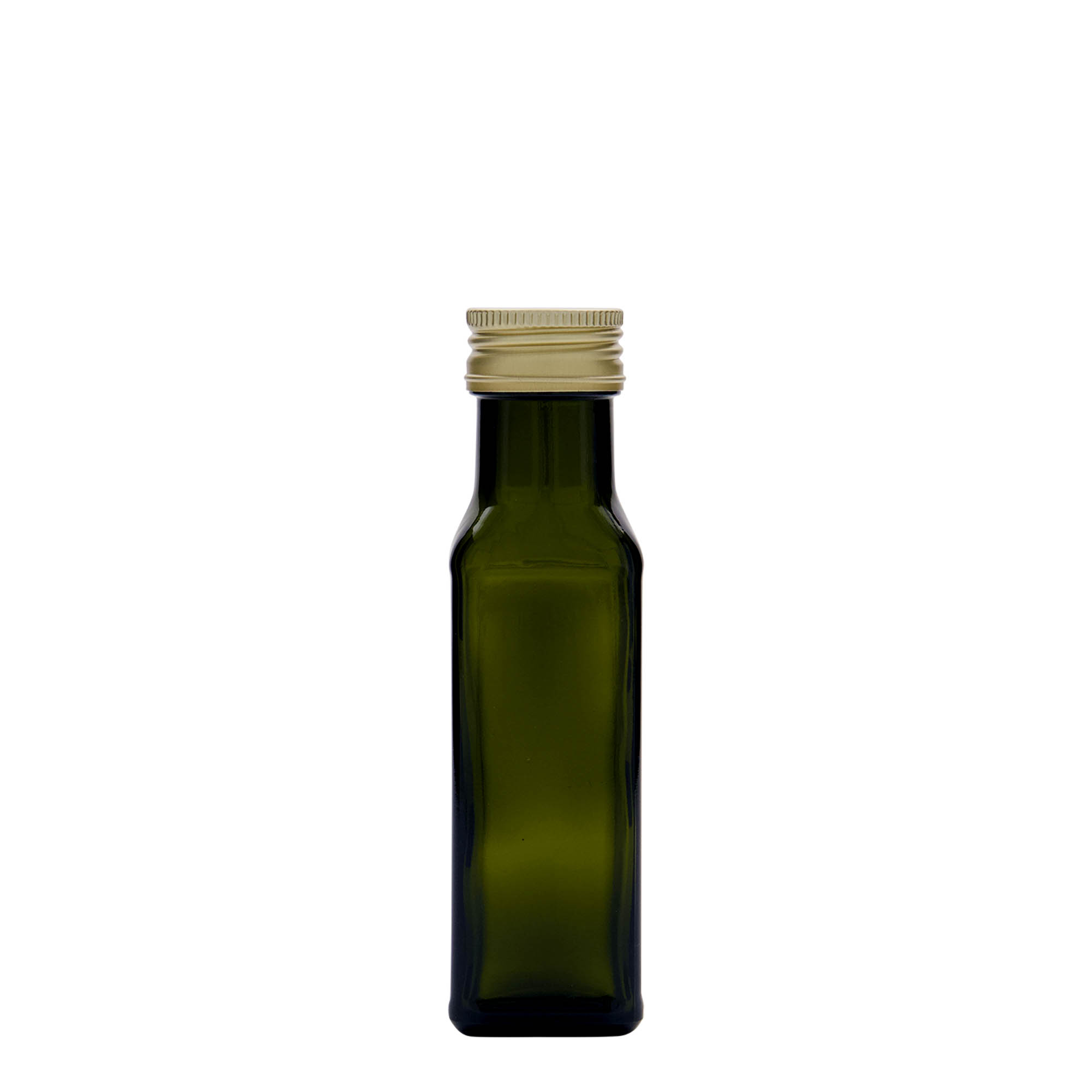 Bouteille en verre 100 ml 'Marasca', carrée, vert antique, bouchage: PP 31,5 Bouteille en verre 100 ml 'Marasca', carrée, vert antique, bouchage: PP 31,5