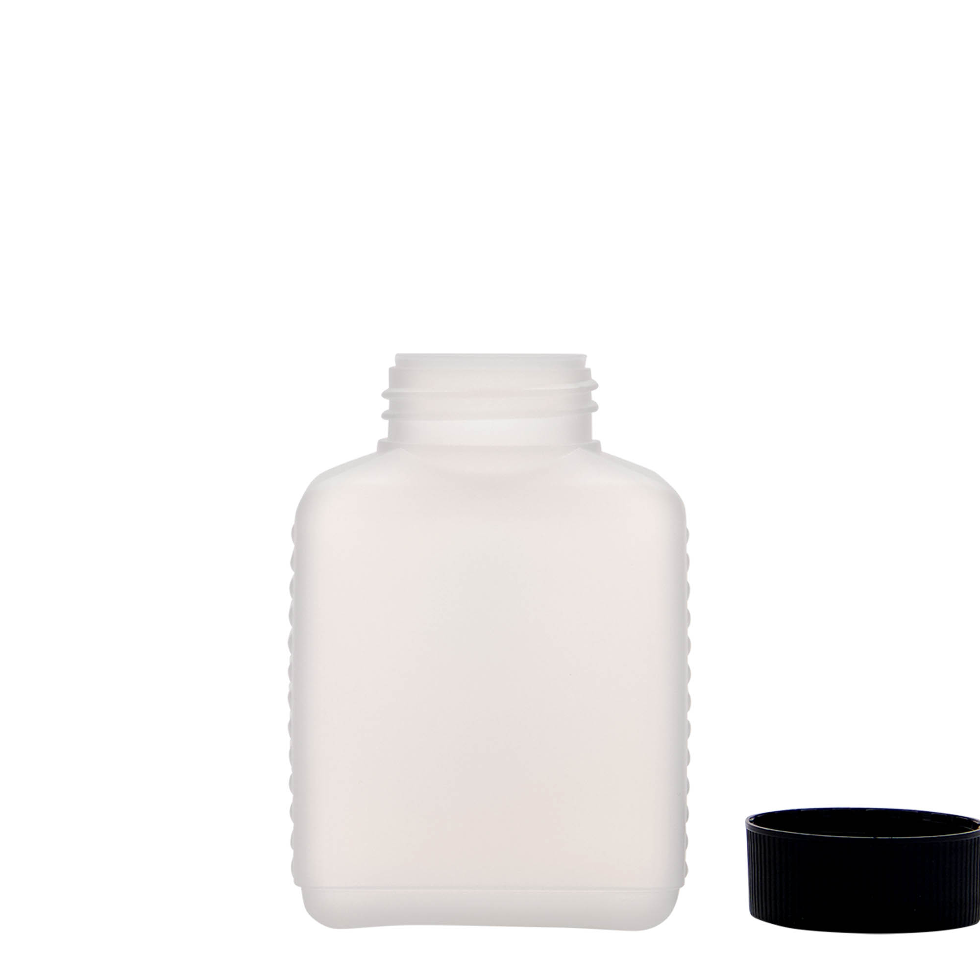 Fles met brede hals, 250 ml, rechthoekig, HDPE-kunststof, naturel, monding: DIN 40 EPE Fles met brede hals, 250 ml, rechthoekig, HDPE-kunststof, naturel, monding: DIN 40 EPE