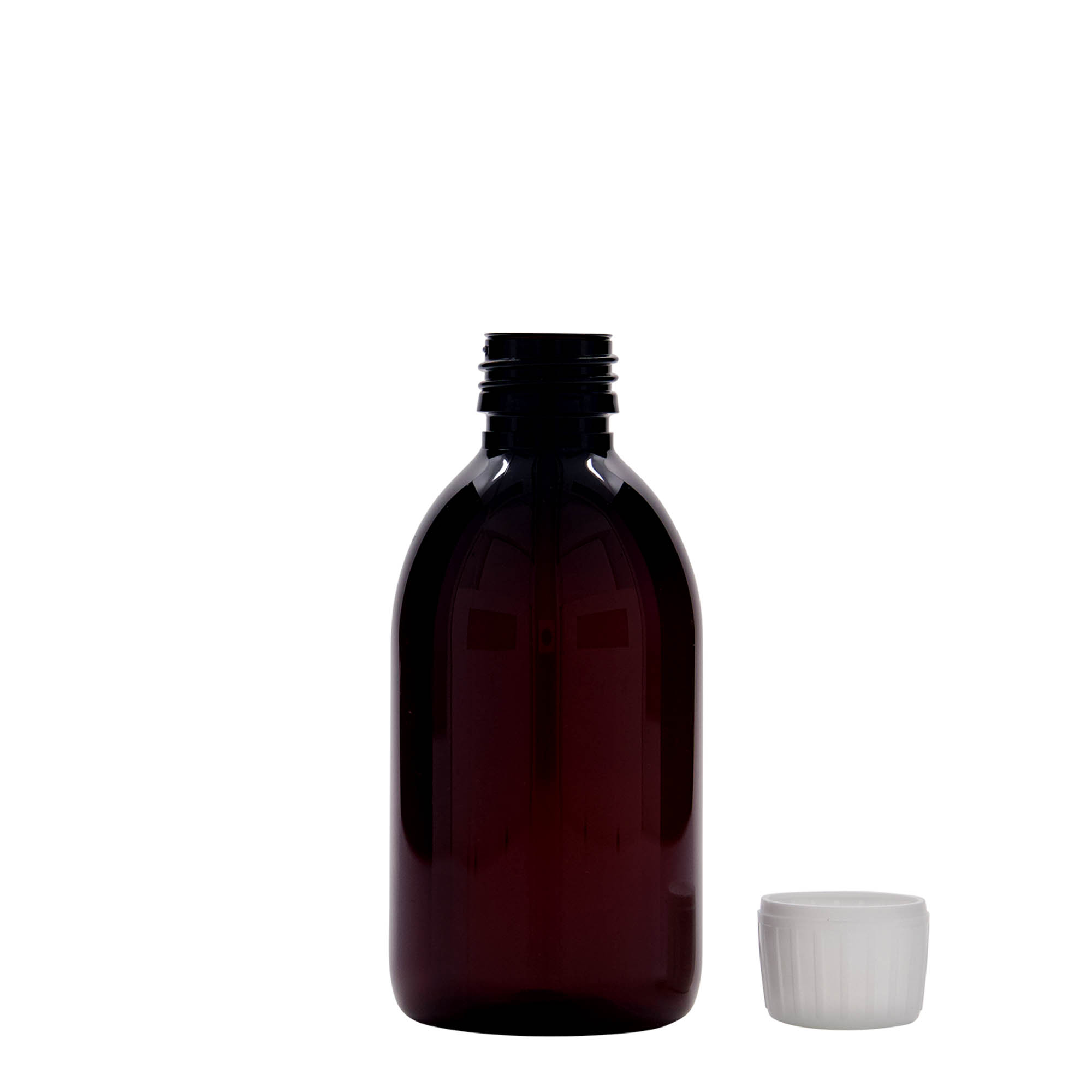 Flacon pharmaceutique en PET 250 ml, marron, plastique, bouchage: PP 28 Flacon pharmaceutique en PET 250 ml, marron, plastique, bouchage: PP 28