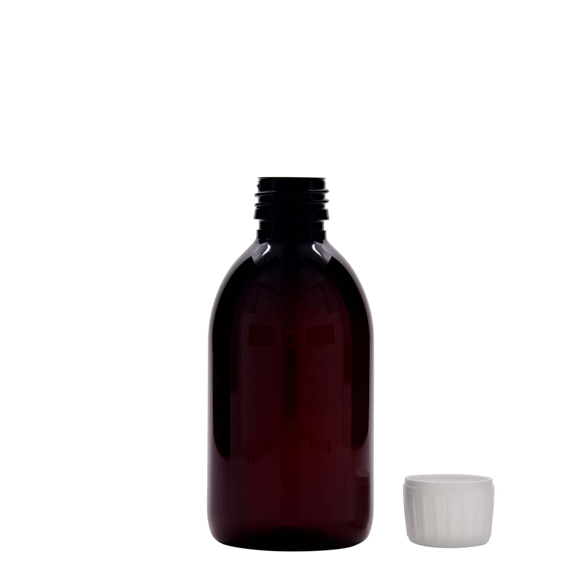 Flacon pharmaceutique en PET 250 ml, marron, plastique, bouchage: PP 28
