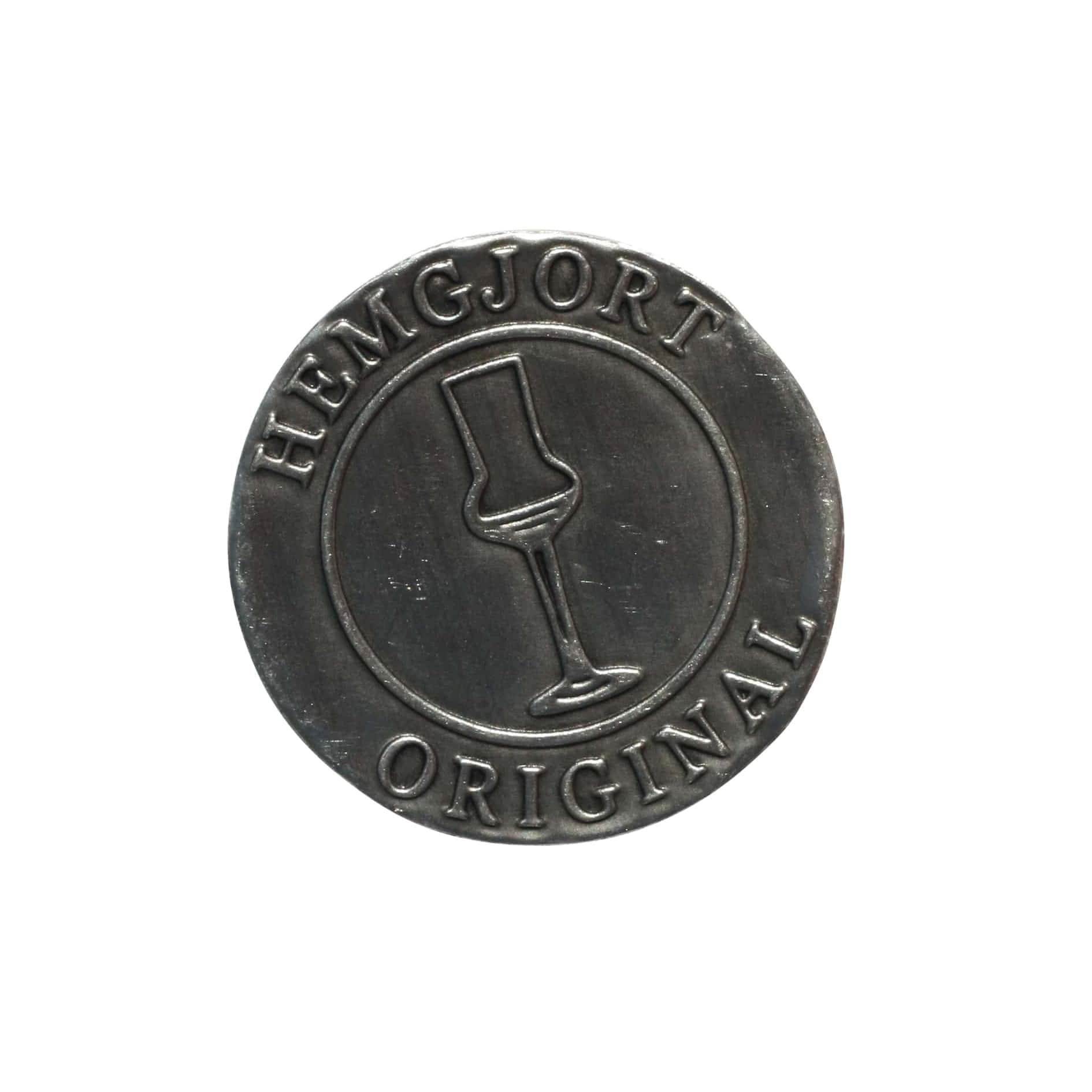 Tinnen etiket 'Hemgjort Original', rond, metaal, zilver Tinnen etiket 'Hemgjort Original', rond, metaal, zilver