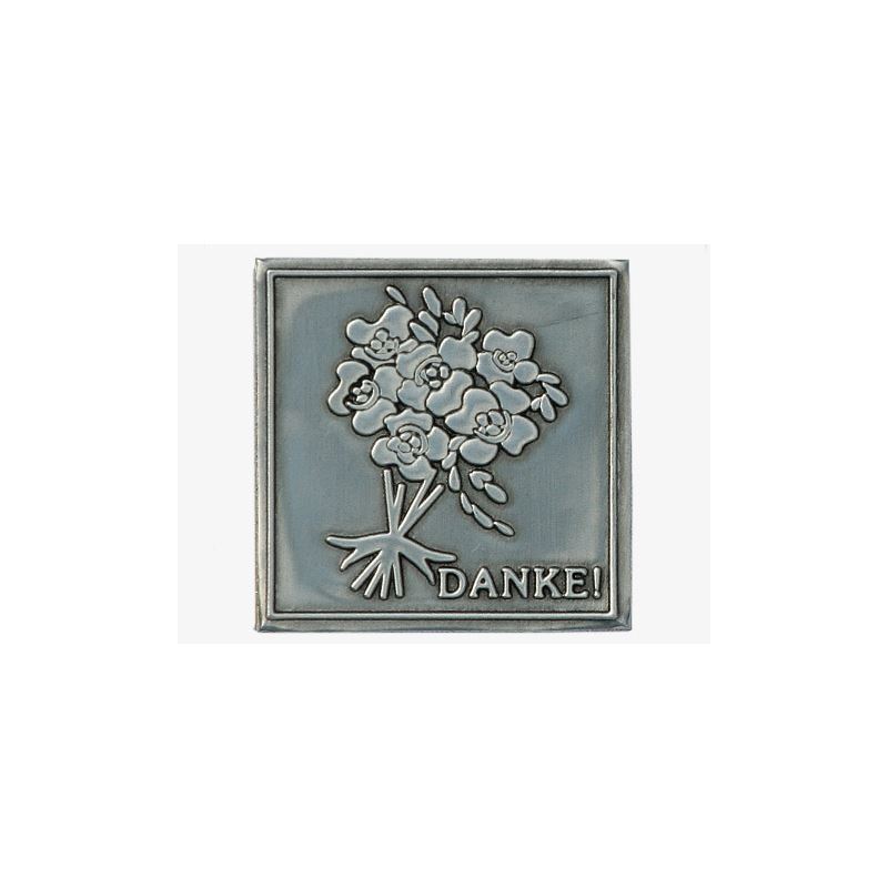 Tinnen etiket 'Bedankt', vierkant, metaal, zilver Tinnen etiket 'Bedankt', vierkant, metaal, zilver