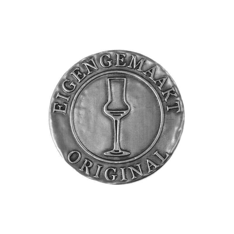 Tinnen etiket 'Eigengemaakt', rond, metaal, zilver