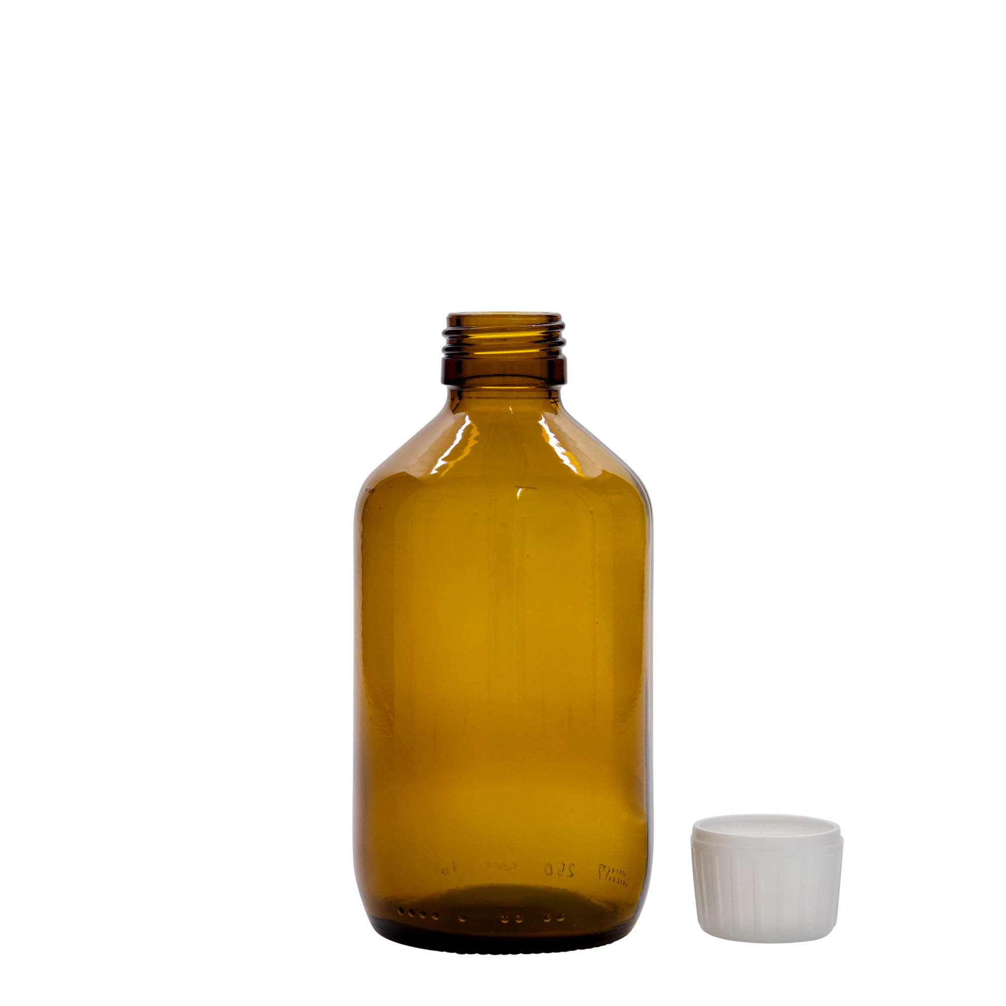 Flacon pharmaceutique 250 ml, brun, verre, bouchage: PP 28 Flacon pharmaceutique 250 ml, brun, verre, bouchage: PP 28