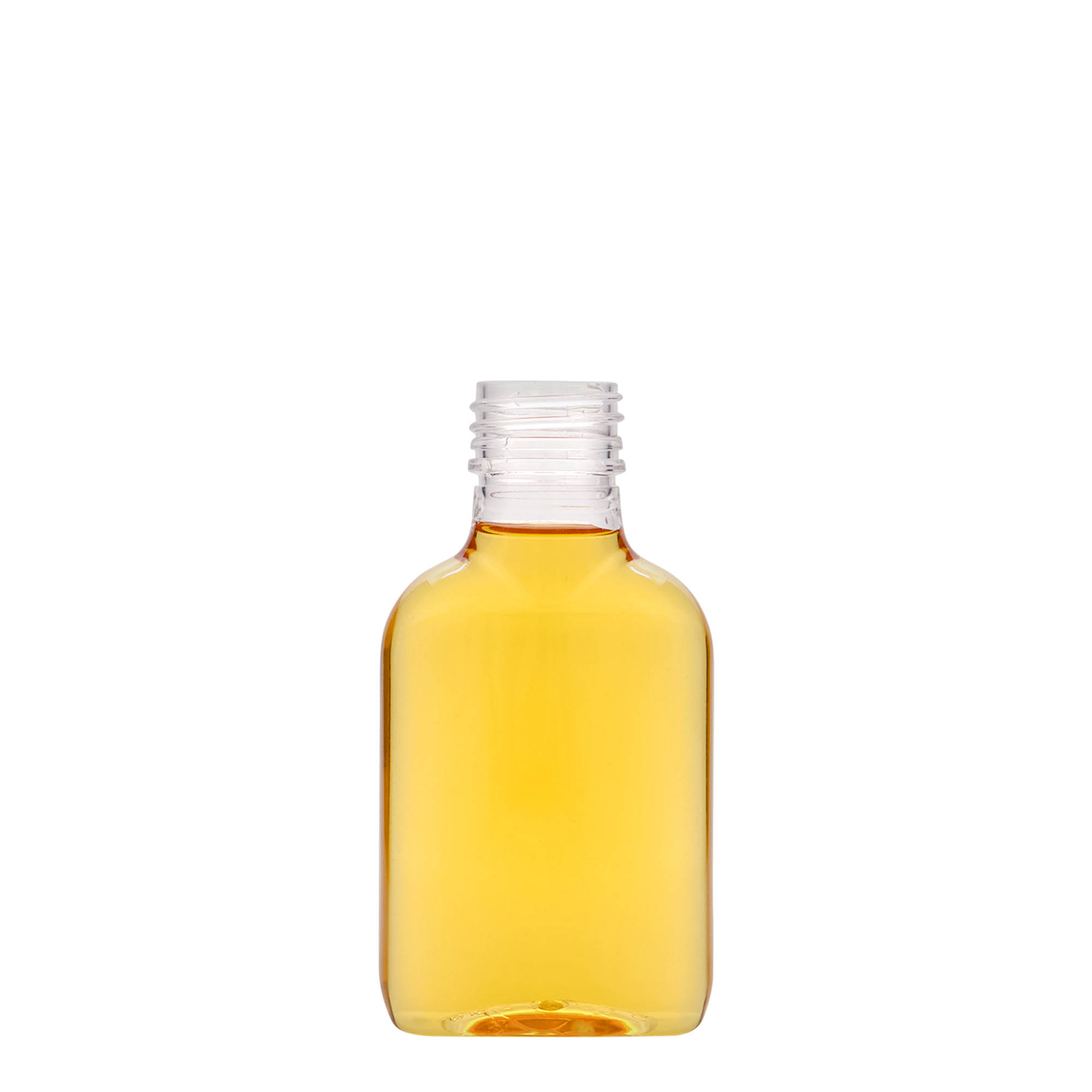 Flasque 100 ml, ovale, plastique PET, bouchage: PP 28