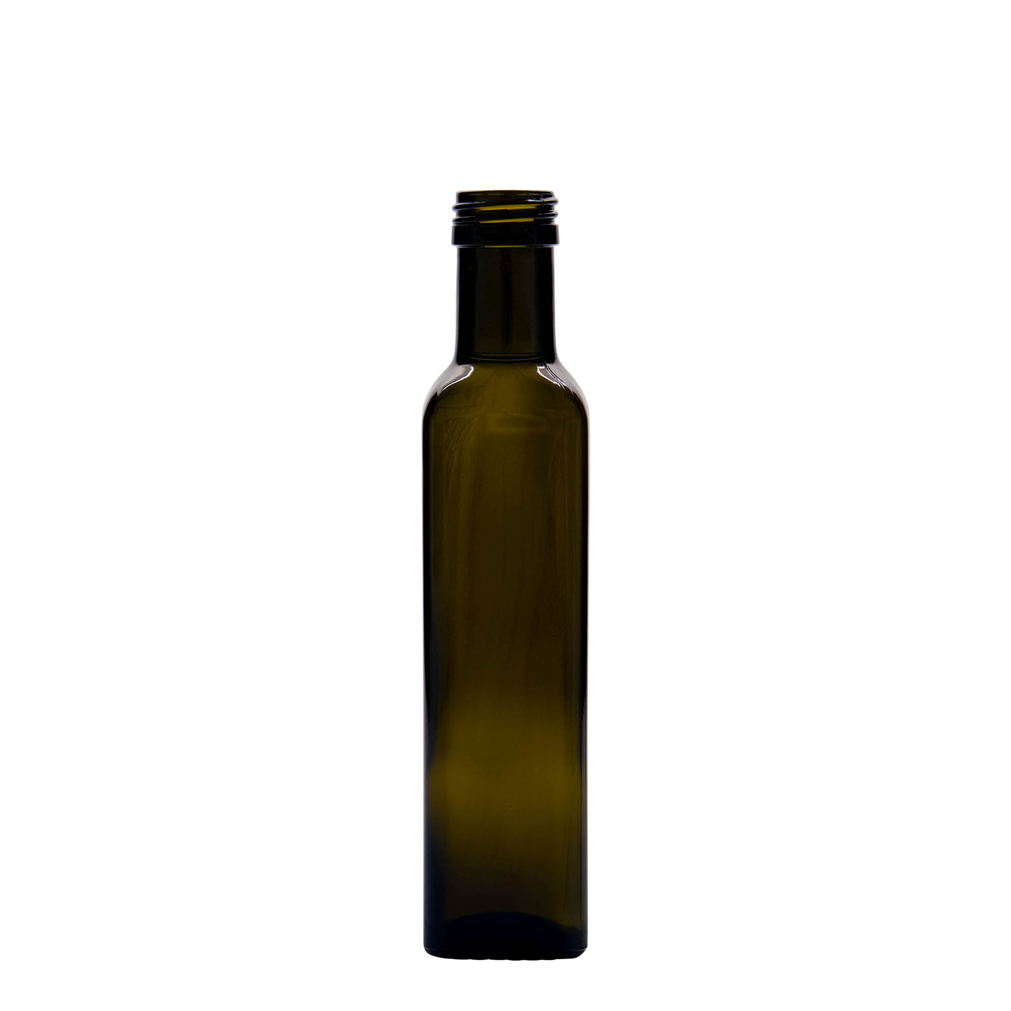 Glazen fles 'Marasca', 250 ml, vierkant, antiekgroen, monding: PP 31,5 Glazen fles 'Marasca', 250 ml, vierkant, antiekgroen, monding: PP 31,5