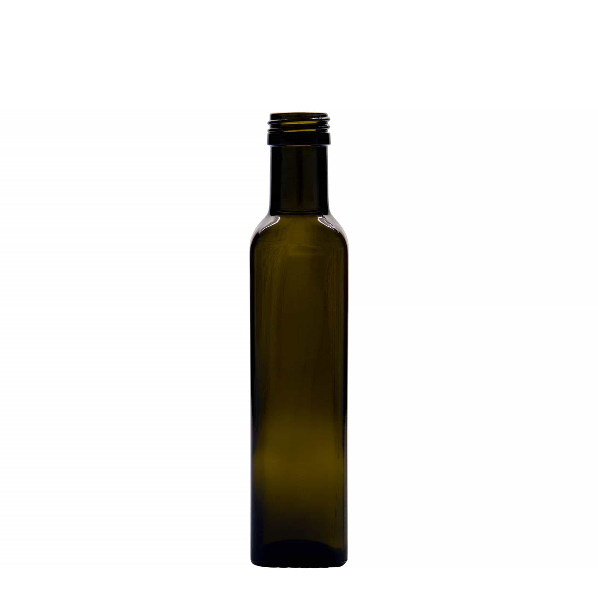 Glazen fles 'Marasca', 250 ml, vierkant, antiekgroen, monding: PP 31,5 Glazen fles 'Marasca', 250 ml, vierkant, antiekgroen, monding: PP 31,5