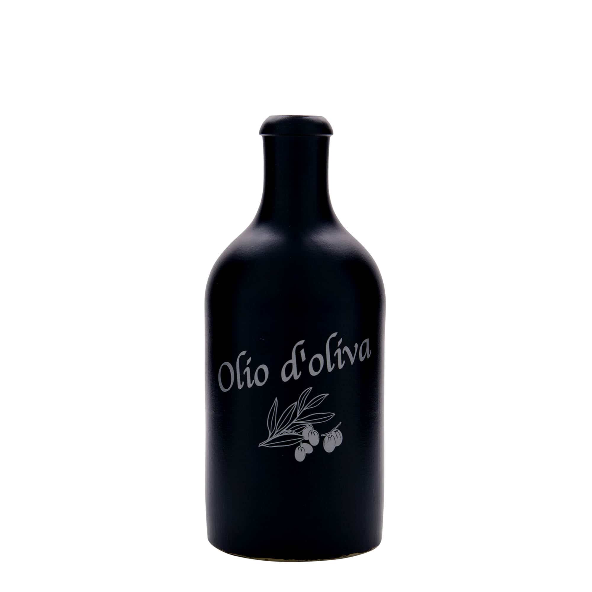 Chope en terre cuite 500 ml, motif : huile d’olive, grès, noir, bouchage: bouchon Chope en terre cuite 500 ml, motif : huile d’olive, grès, noir, bouchage: bouchon