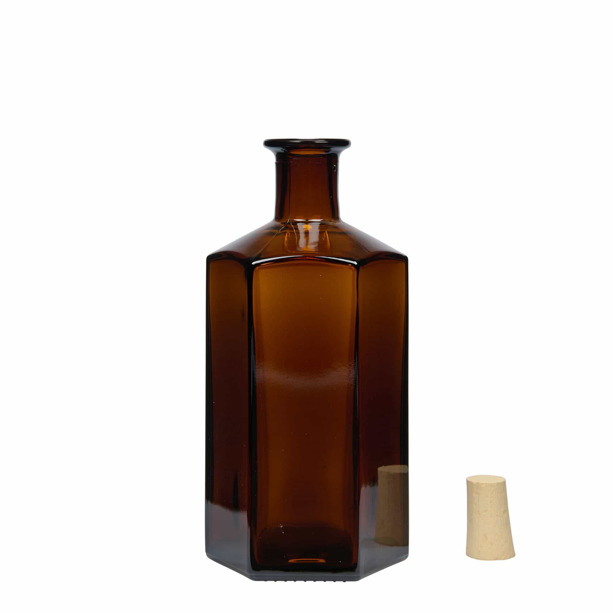 Bouteille en verre apothicaire 500 ml 'Jimmy'. hexagonale. brun. bouchage: bouchon