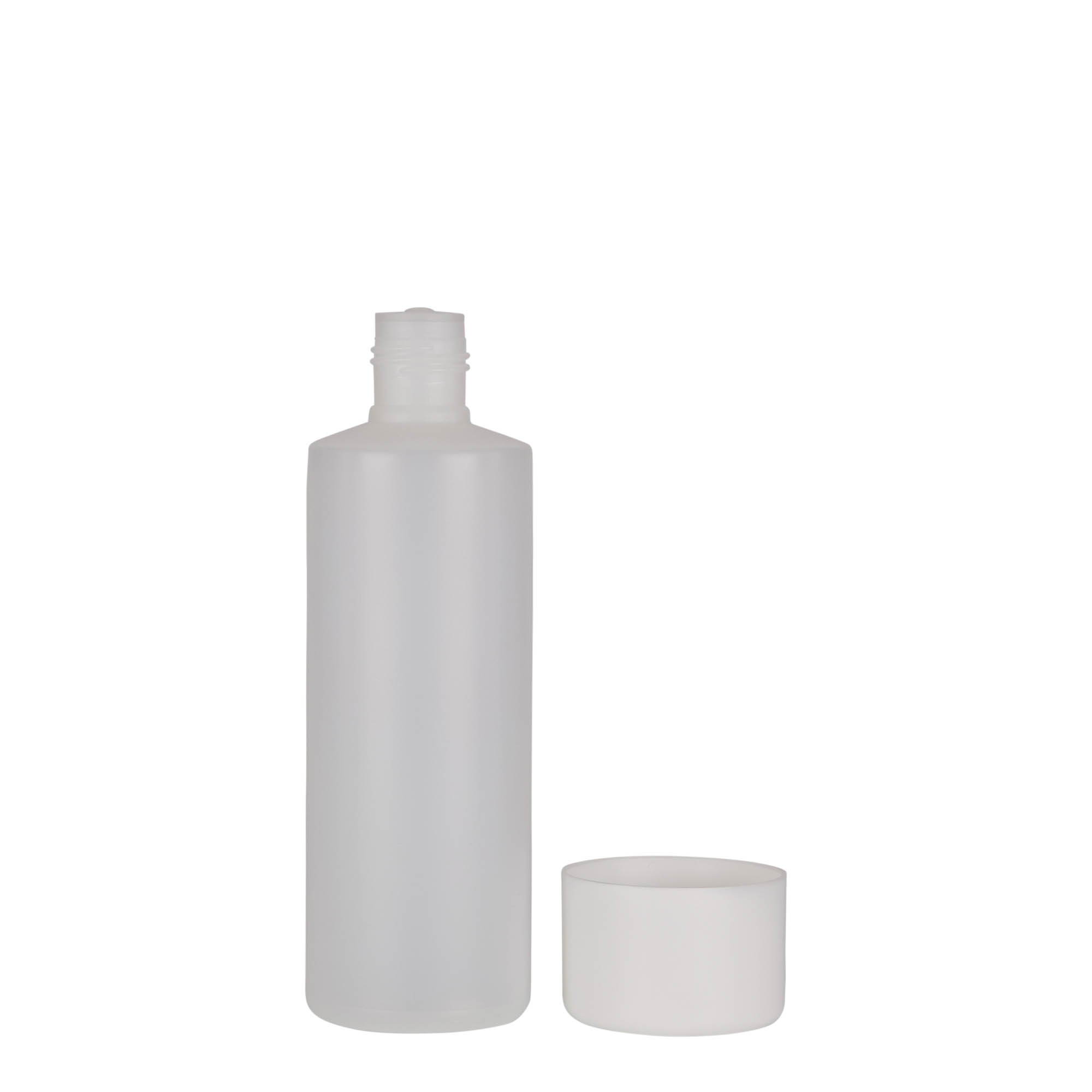 Bouteille ronde 200 ml, plastique PE, nature, bouchage: Bougage à vis Bouteille ronde 200 ml, plastique PE, nature, bouchage: Bougage à vis