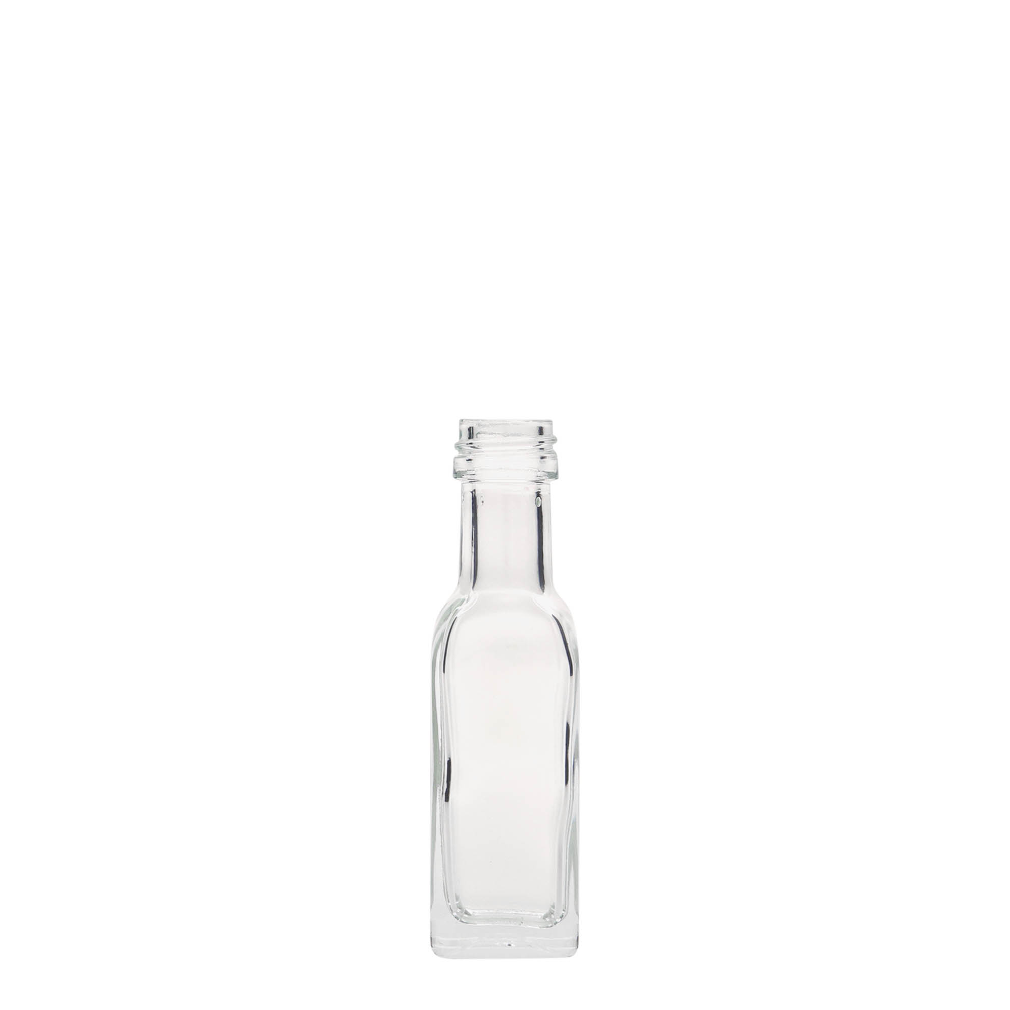 Bouteille en verre 20 ml « Marasca », carrée, bouchage: PP 18