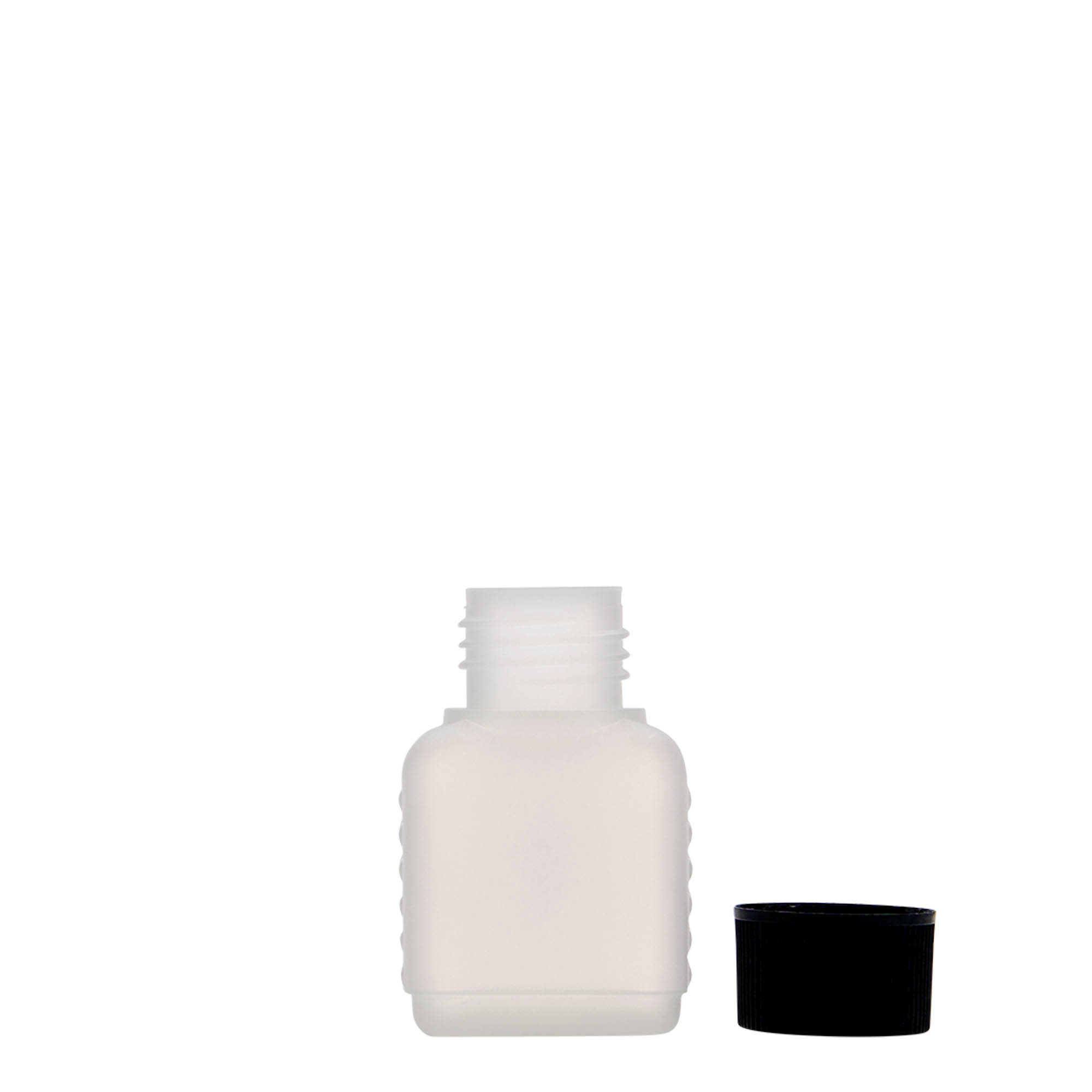 Bouteille bidon 50 ml, rectangulaire, plastique PEHD, nature, bouchage: DIN 25 Bouteille bidon 50 ml, rectangulaire, plastique PEHD, nature, bouchage: DIN 25