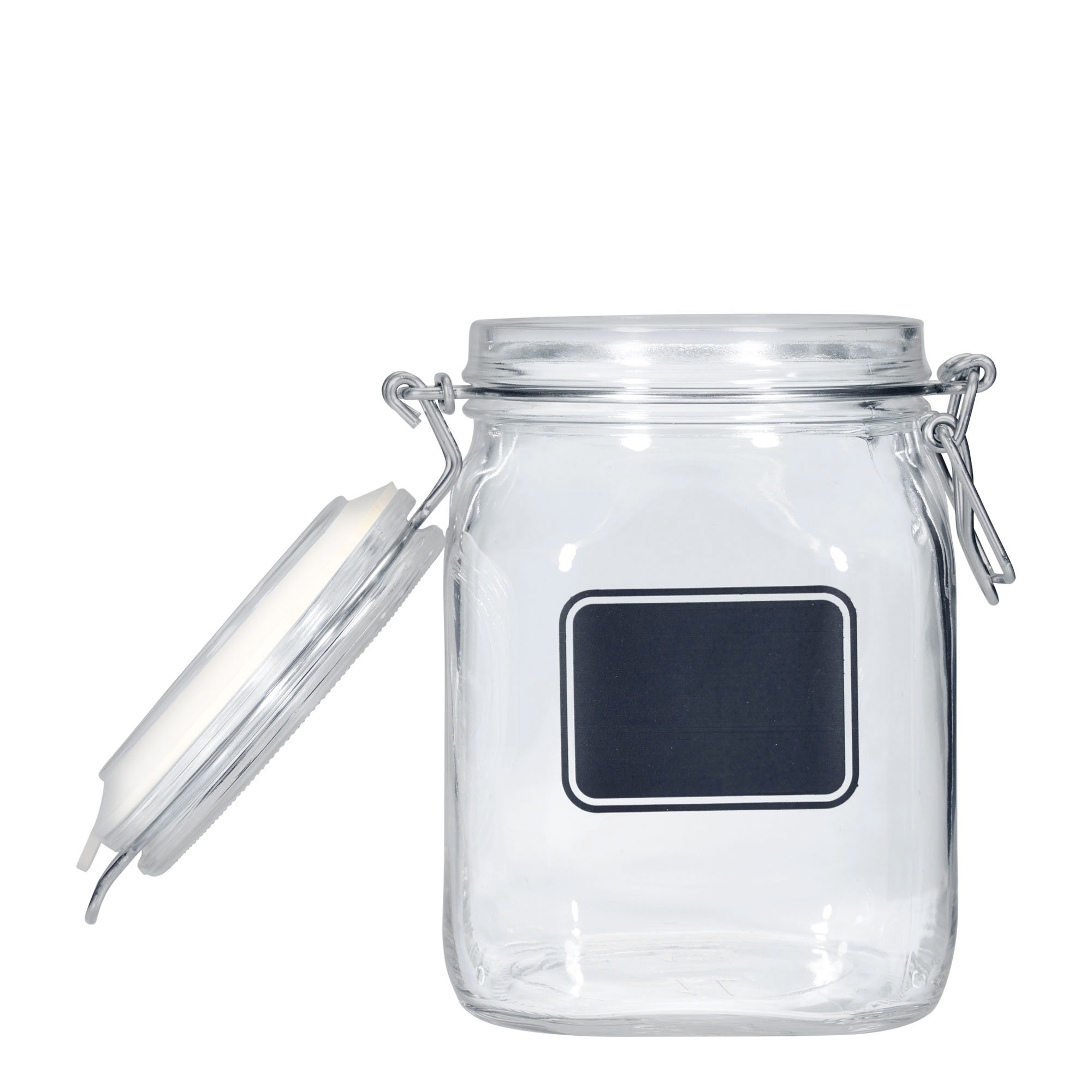 Pot met beugelsluiting 'Fido', 1000 ml, motief: etiketveld, vierkant, monding: beugelsluiting