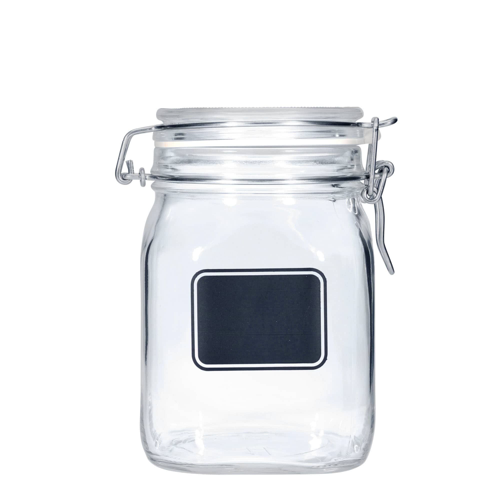 Pot met beugelsluiting 'Fido', 1000 ml, motief: etiketveld, vierkant, monding: beugelsluiting
